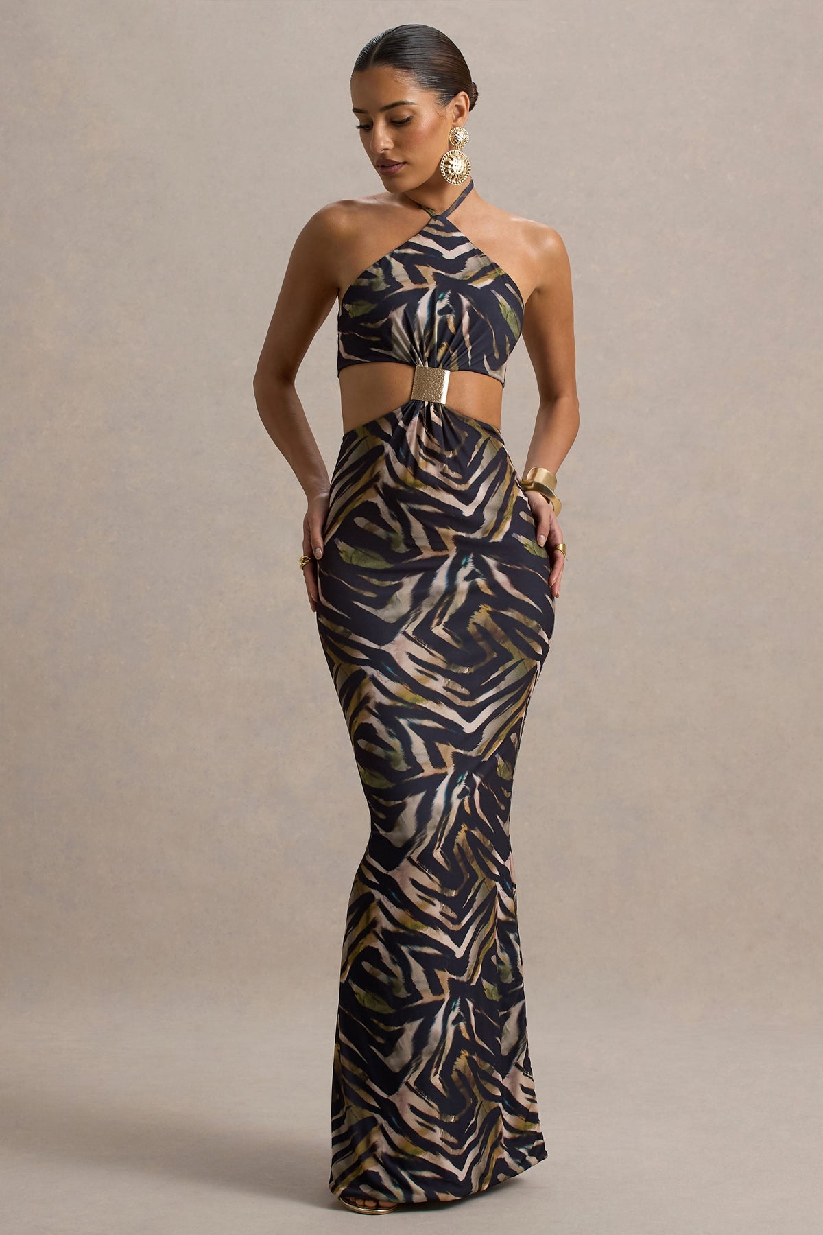 Olina | Maxikleid mit Zebra-Print, Halterneck und Cut-Out