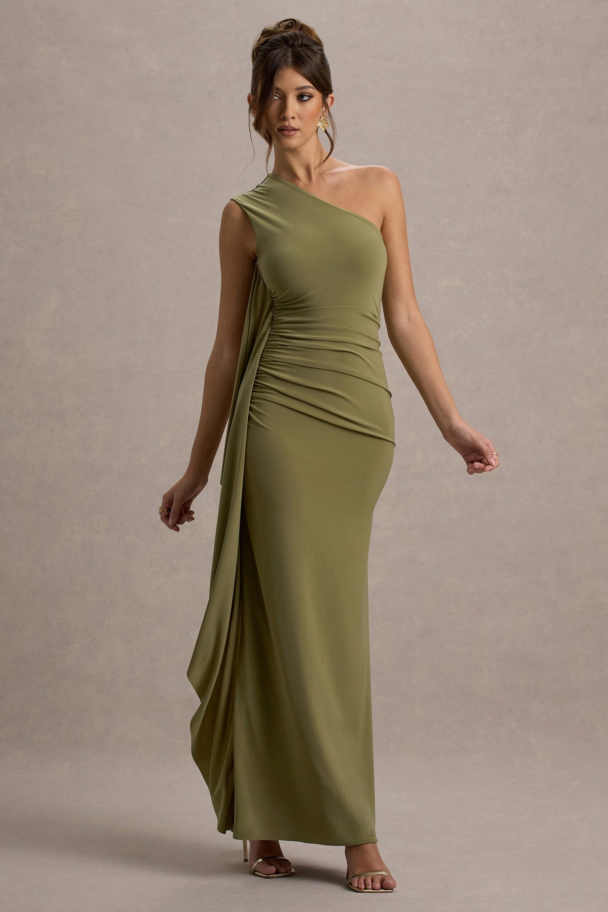 Adelina | Olives One-Shoulder-Maxikleid mit Drapierung