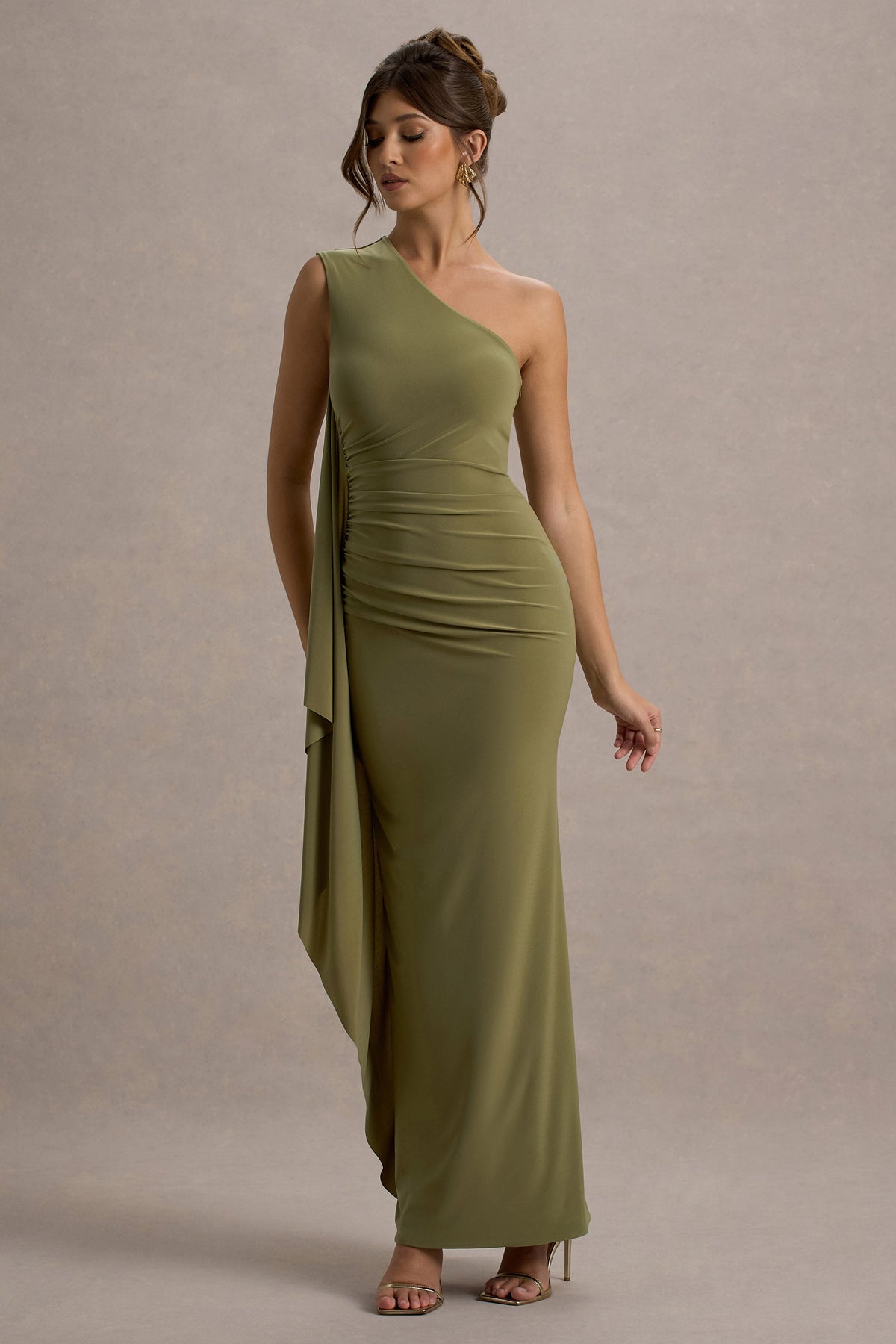 Adelina | Olives One-Shoulder-Maxikleid mit Drapierung