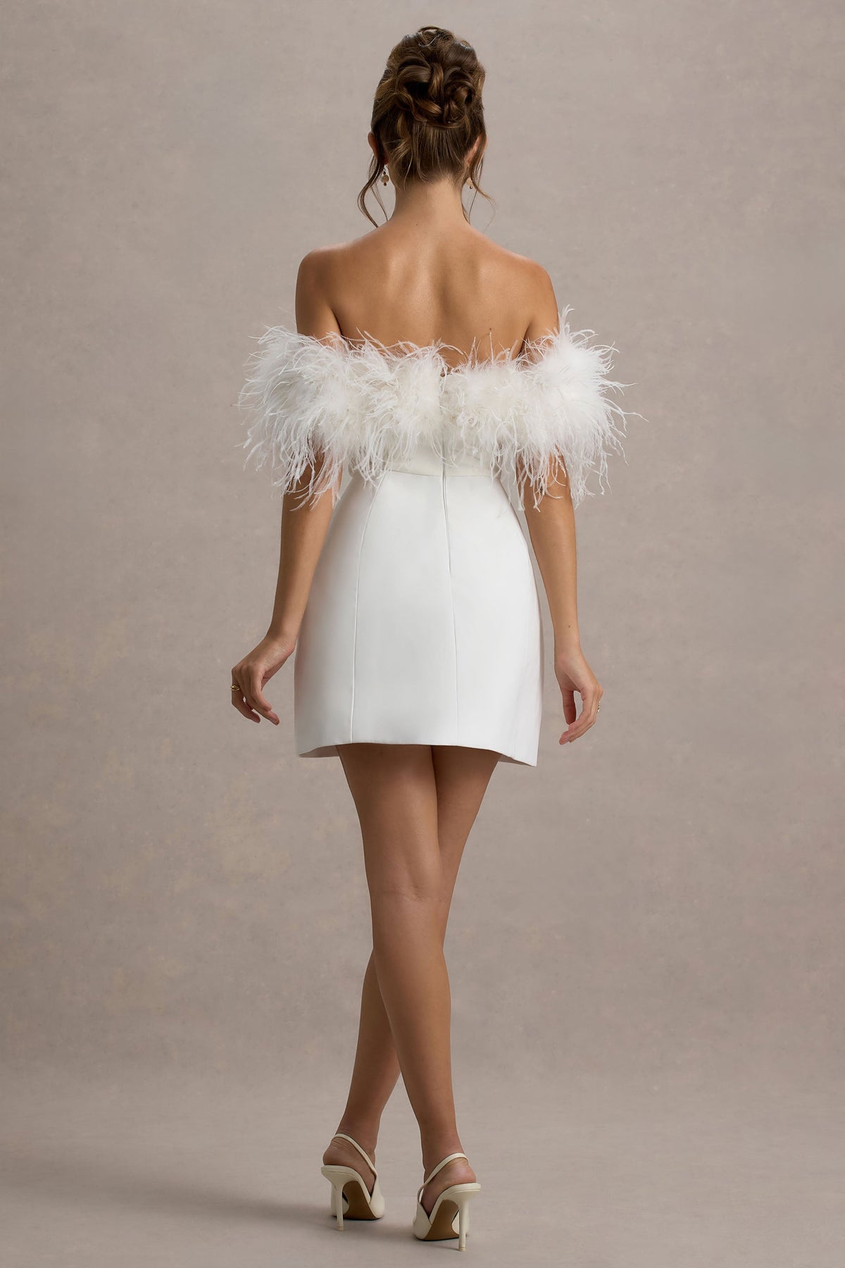 Palace | Weißes Bardot-Minikleid mit Federbesatz