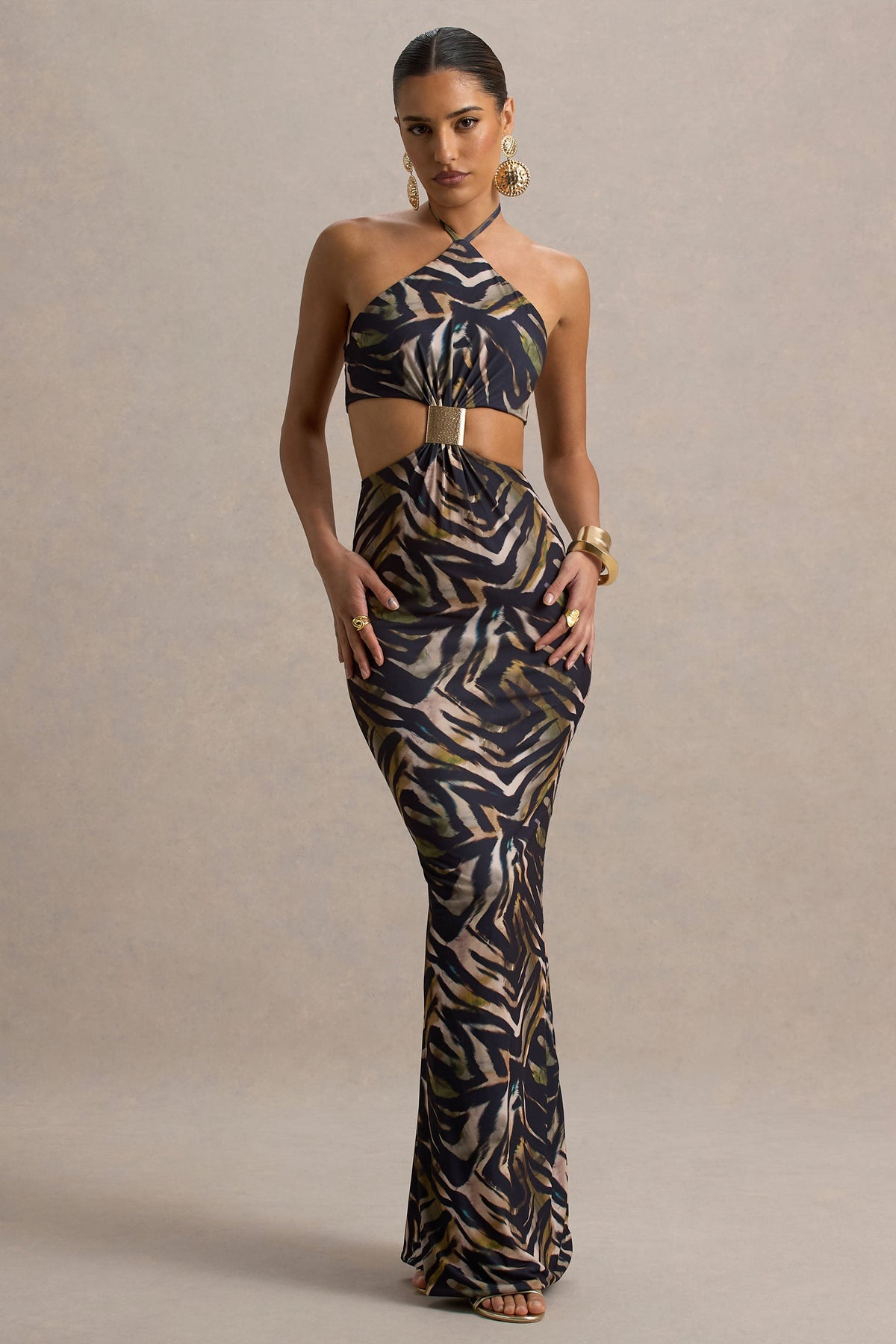 Olina | Maxikleid mit Zebra-Print, Halterneck und Cut-Out