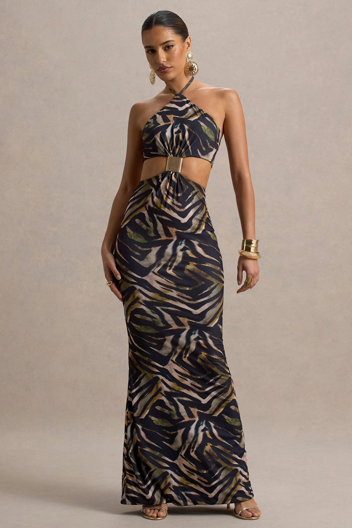 Olina | Maxikleid mit Zebra-Print, Halterneck und Cut-Out