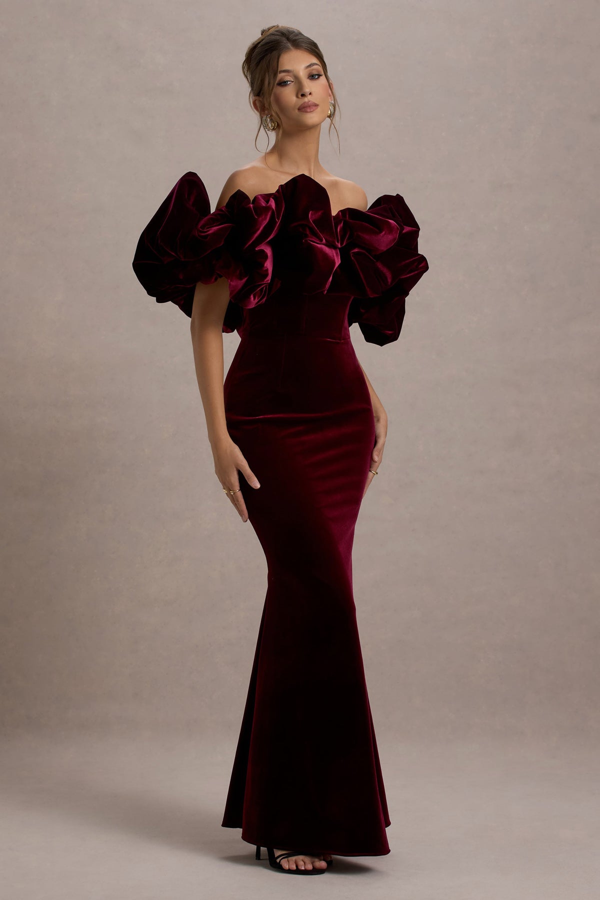 CC_HR_CL135438004-Cecily-RedVelvetBardotMaxiDressWithSatinRuffleTrim4