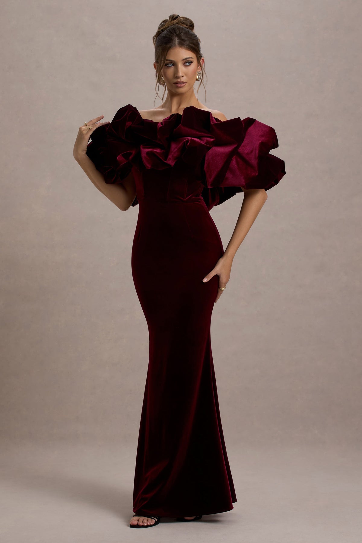 CC_HR_CL135438004-Cecily-RedVelvetBardotMaxiDressWithSatinRuffleTrim5