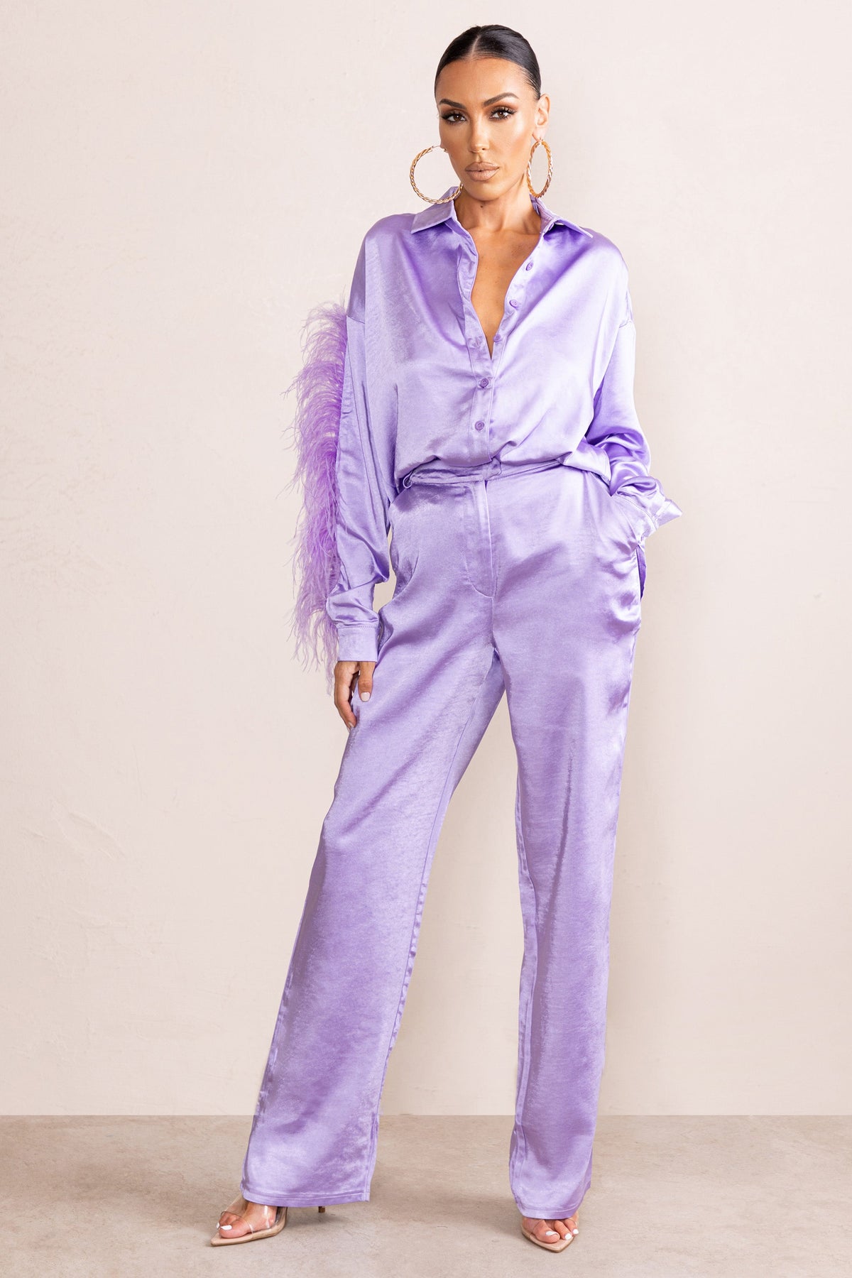 Evening Memories | Fliederfarbene Satin-Hose mit weitem Bein