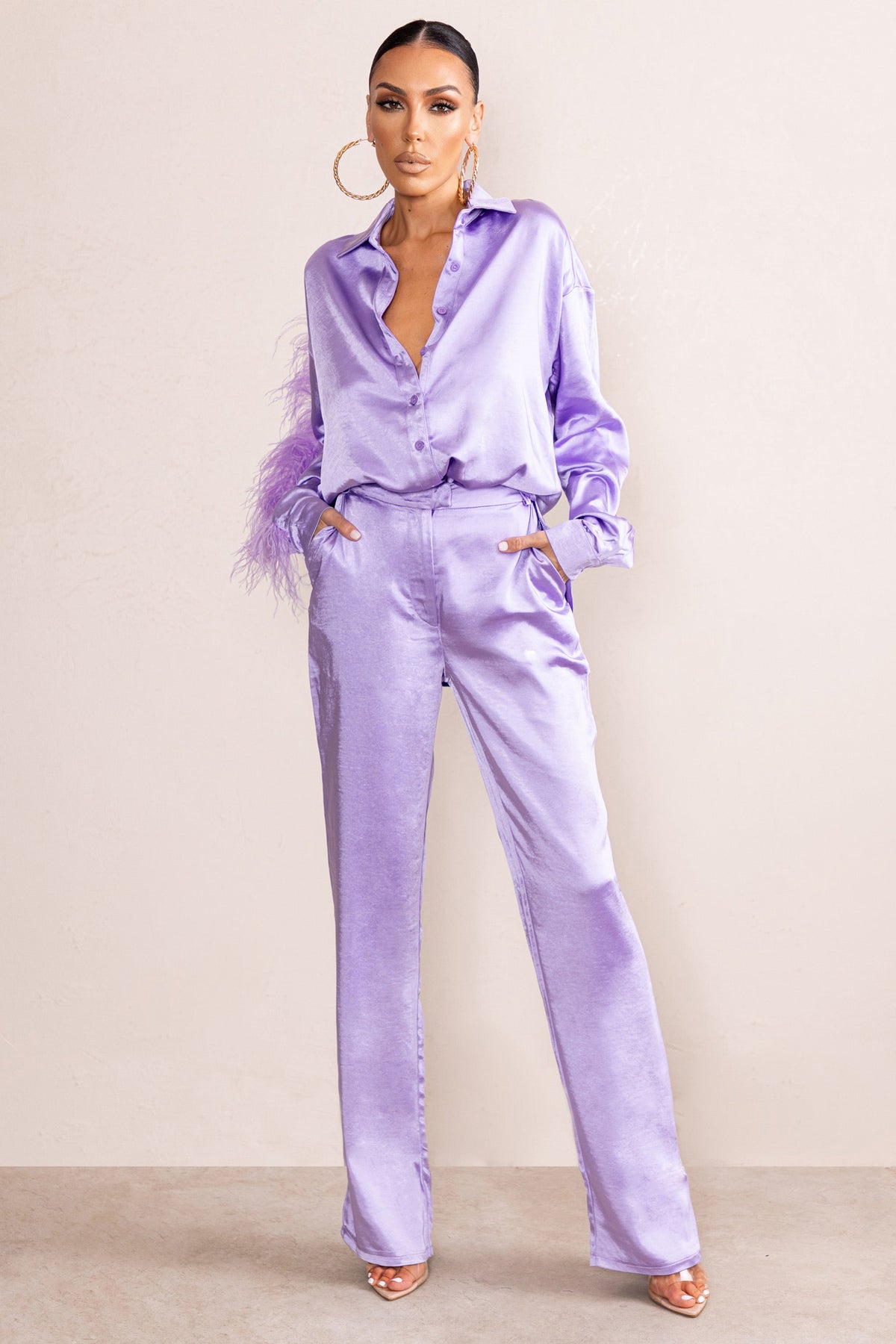 Evening Memories | Fliederfarbene Satin-Hose mit weitem Bein