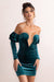 Ivy | Petrolfarbenes Samt-Minikleid mit Cut-Out und Rüschenärmeln