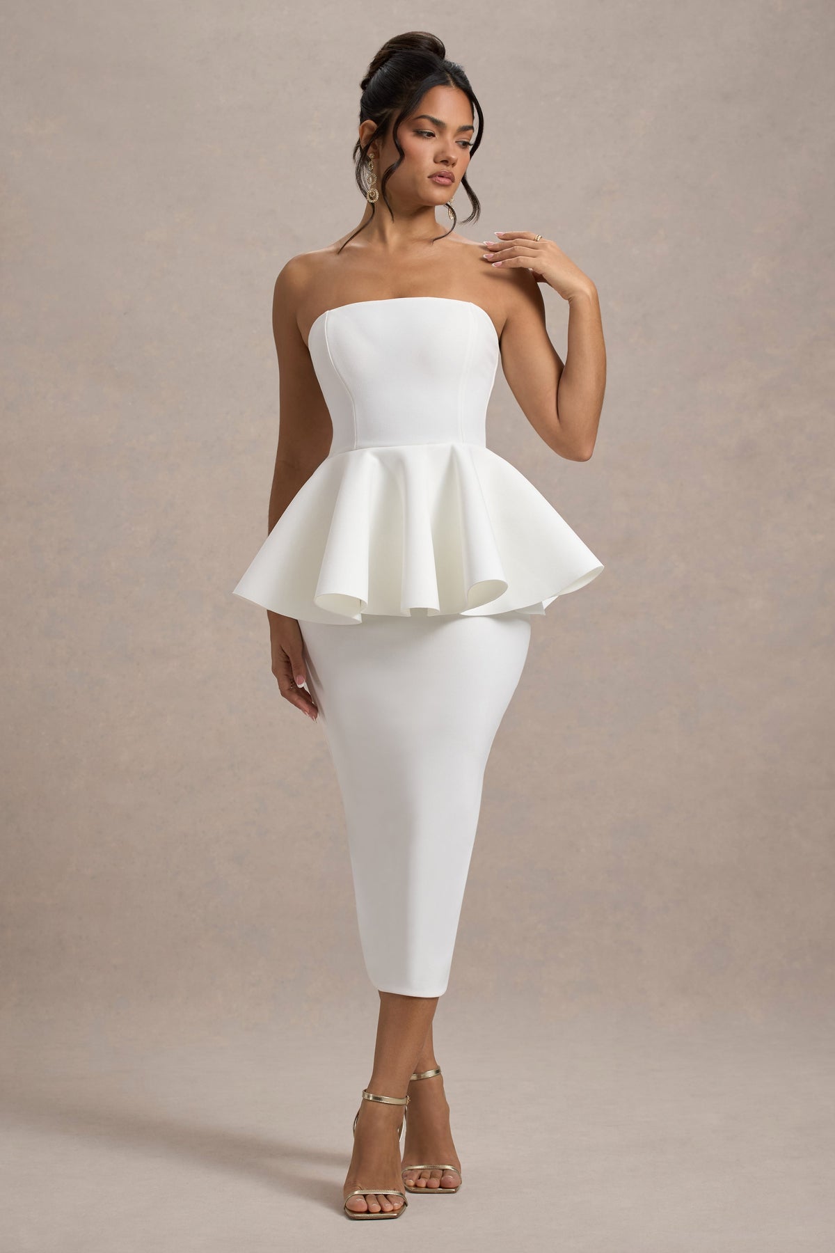 First Dance | Weißes Bandeau-Midikleid mit Peplum-Taille