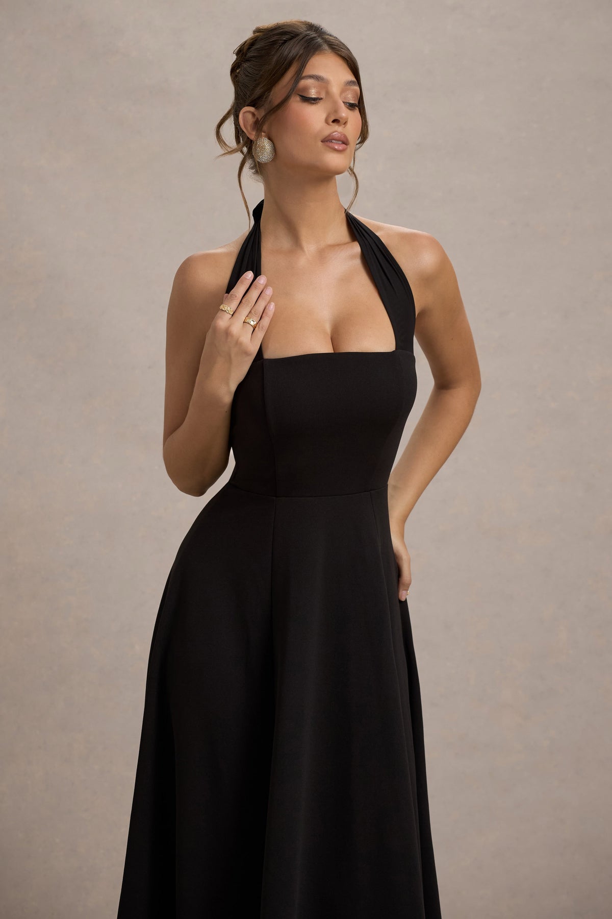 Auburn | Schwarzes Halter Skater Midikleid