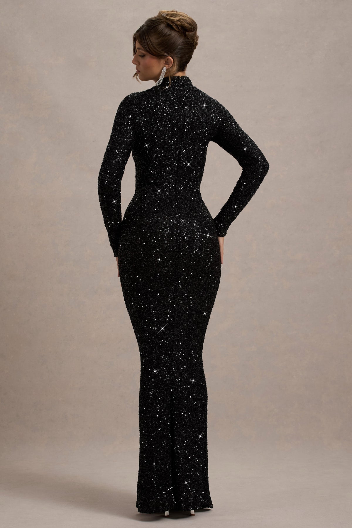 Galaxy | Schwarzes Pailletten-Maxikleid mit Rollkragen und langen Ärmeln