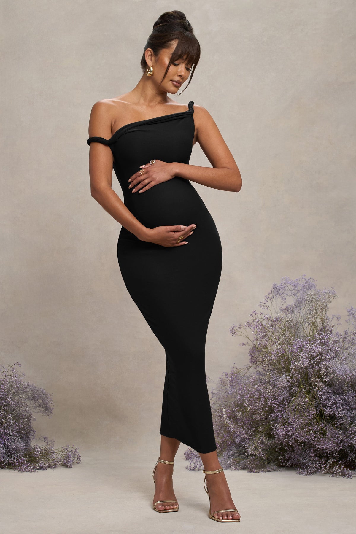 Salome | Schwarzes asymmetrisches Umstands-Midikleid mit Twist-Detail