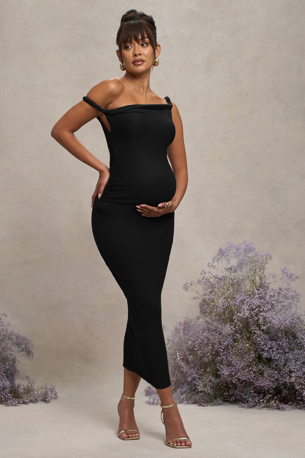 Salome | Schwarzes asymmetrisches Umstands-Midikleid mit Twist-Detail