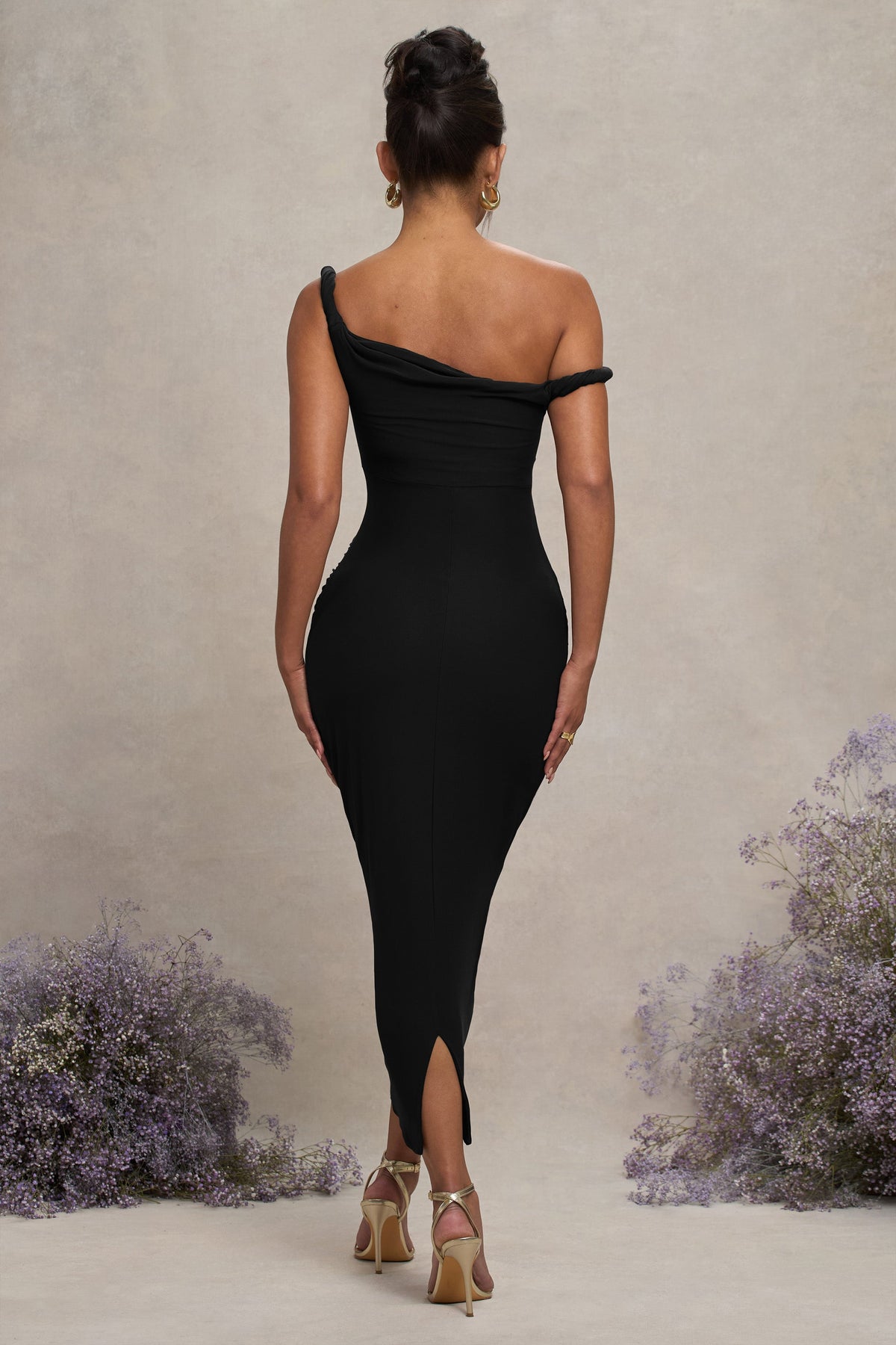 Salome | Schwarzes asymmetrisches Umstands-Midikleid mit Twist-Detail