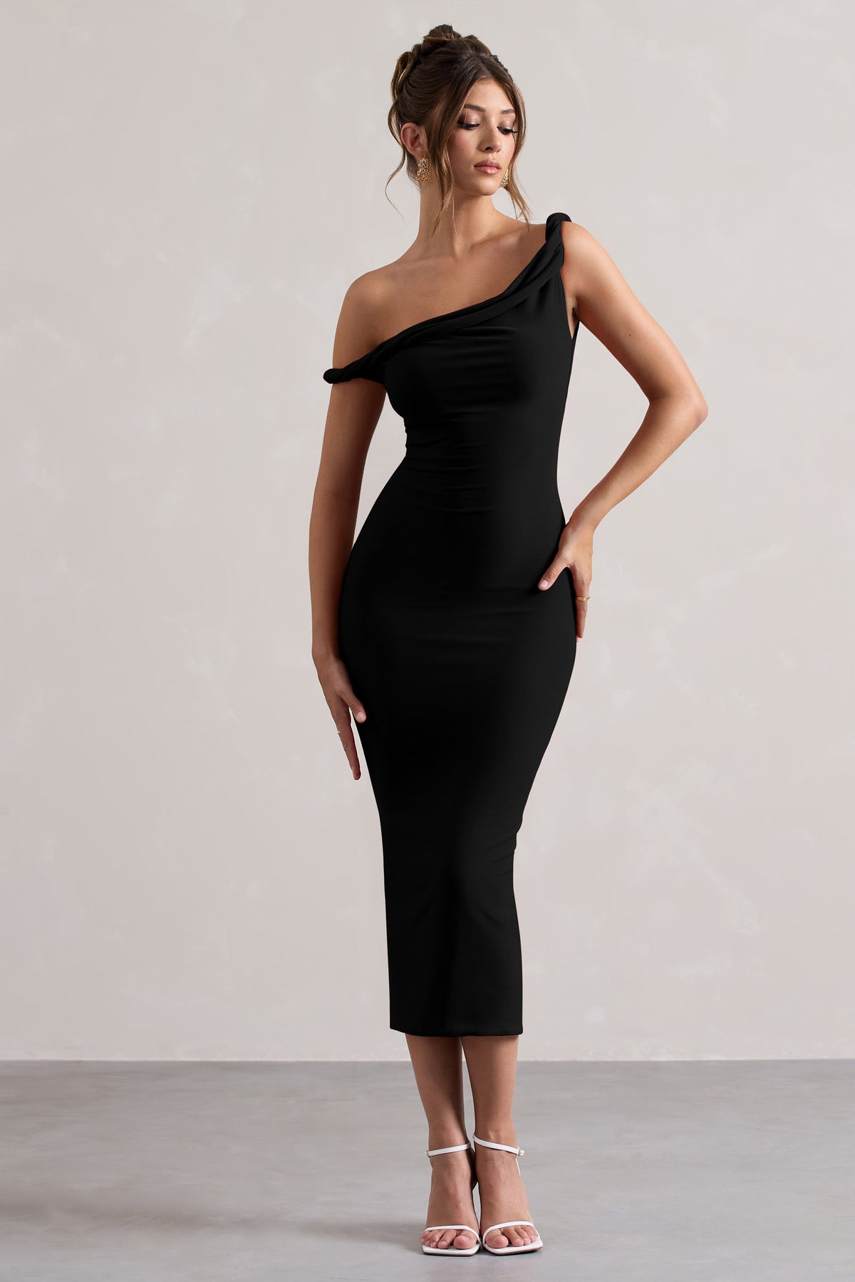 Salome | Schwarzes Asymmetrisches Midikleid mit verdrehten Details