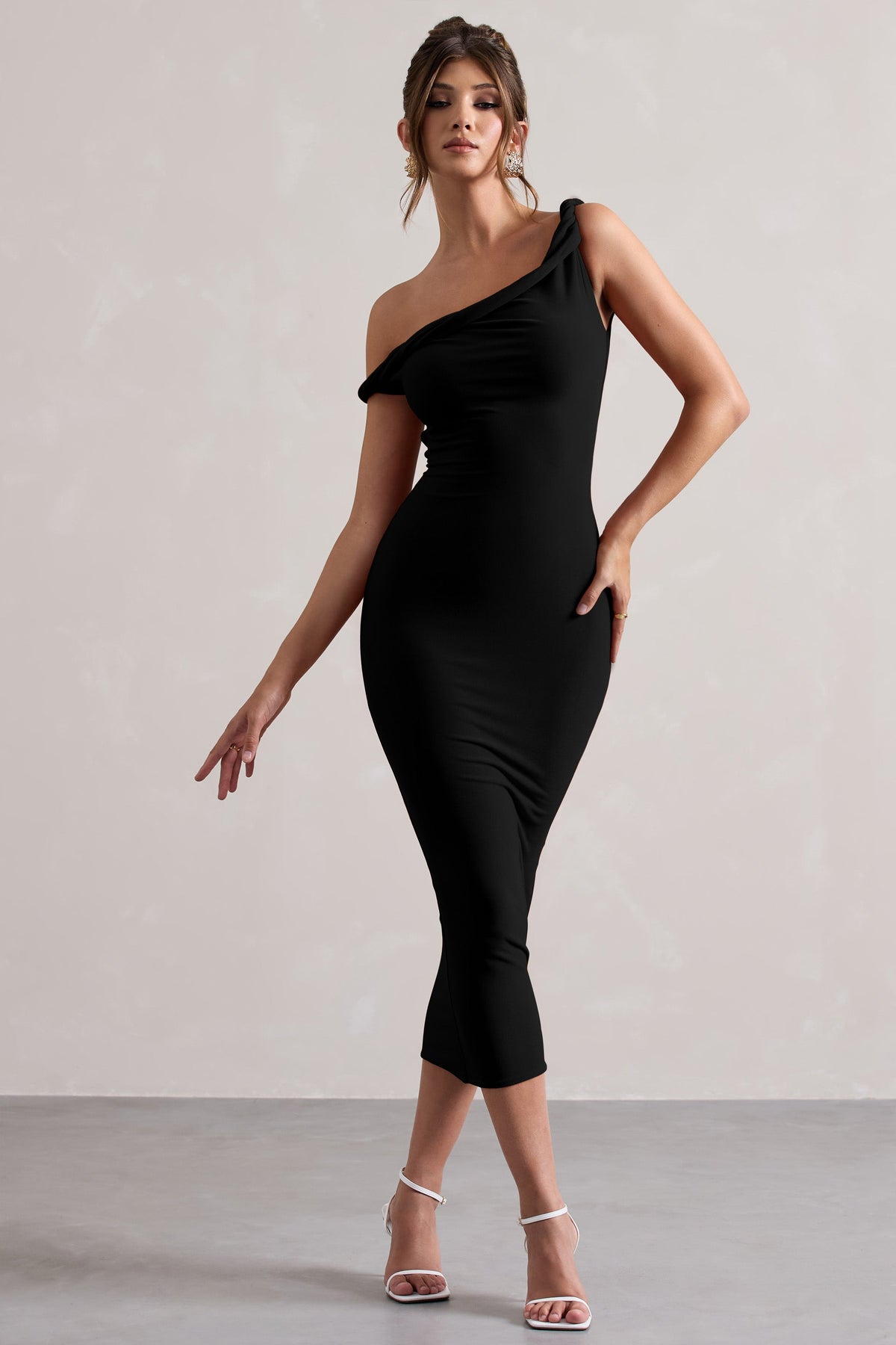 Salome | Schwarzes Asymmetrisches Midikleid mit verdrehten Details