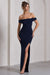 Law of Attraction | Marineblaues Bardot-Maxikleid mit Drapierung und Schlitz