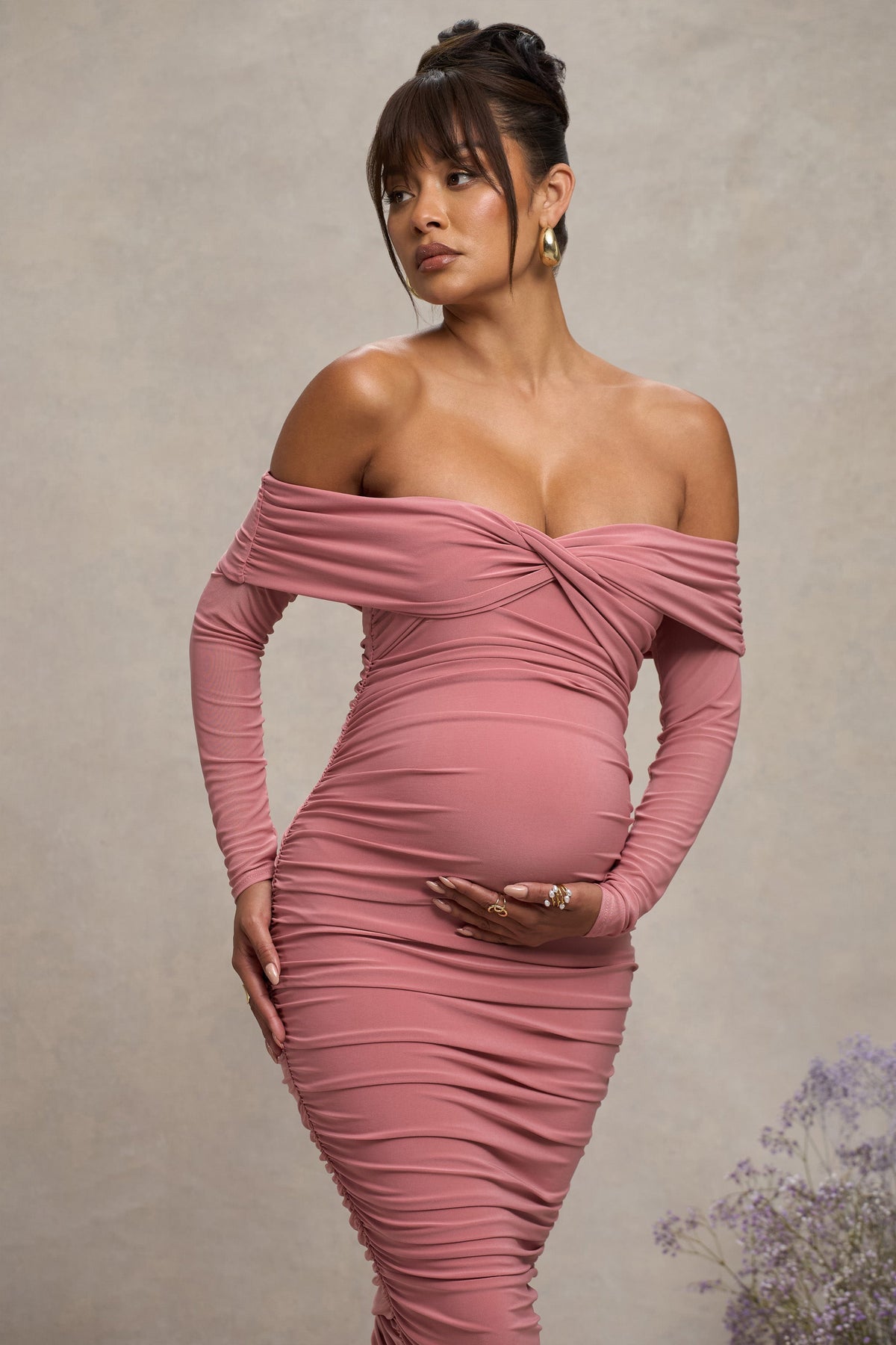 Neva | Blush Bardot Twist Umstands-Midikleid
