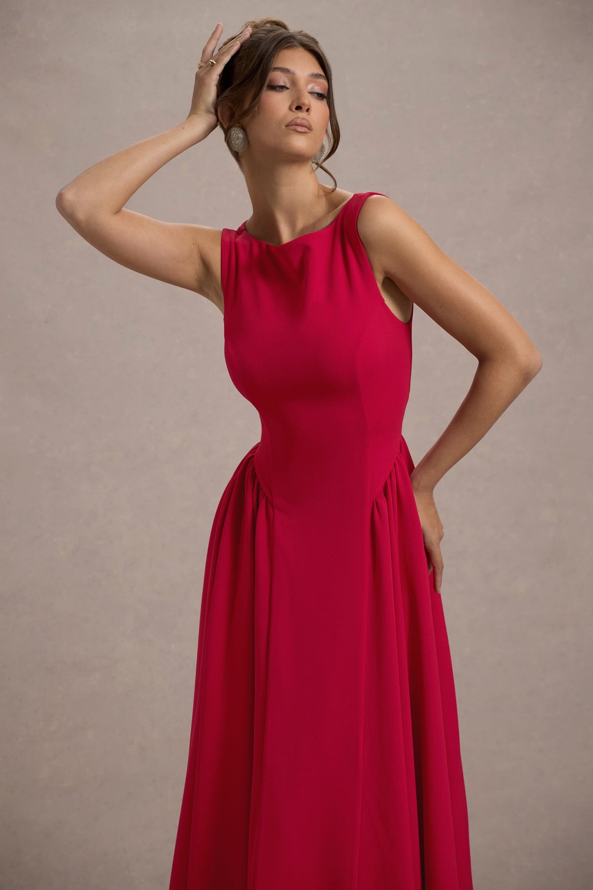 Muriel | Rotes Midikleid mit Boot-Ausschnitt und Volumensaum