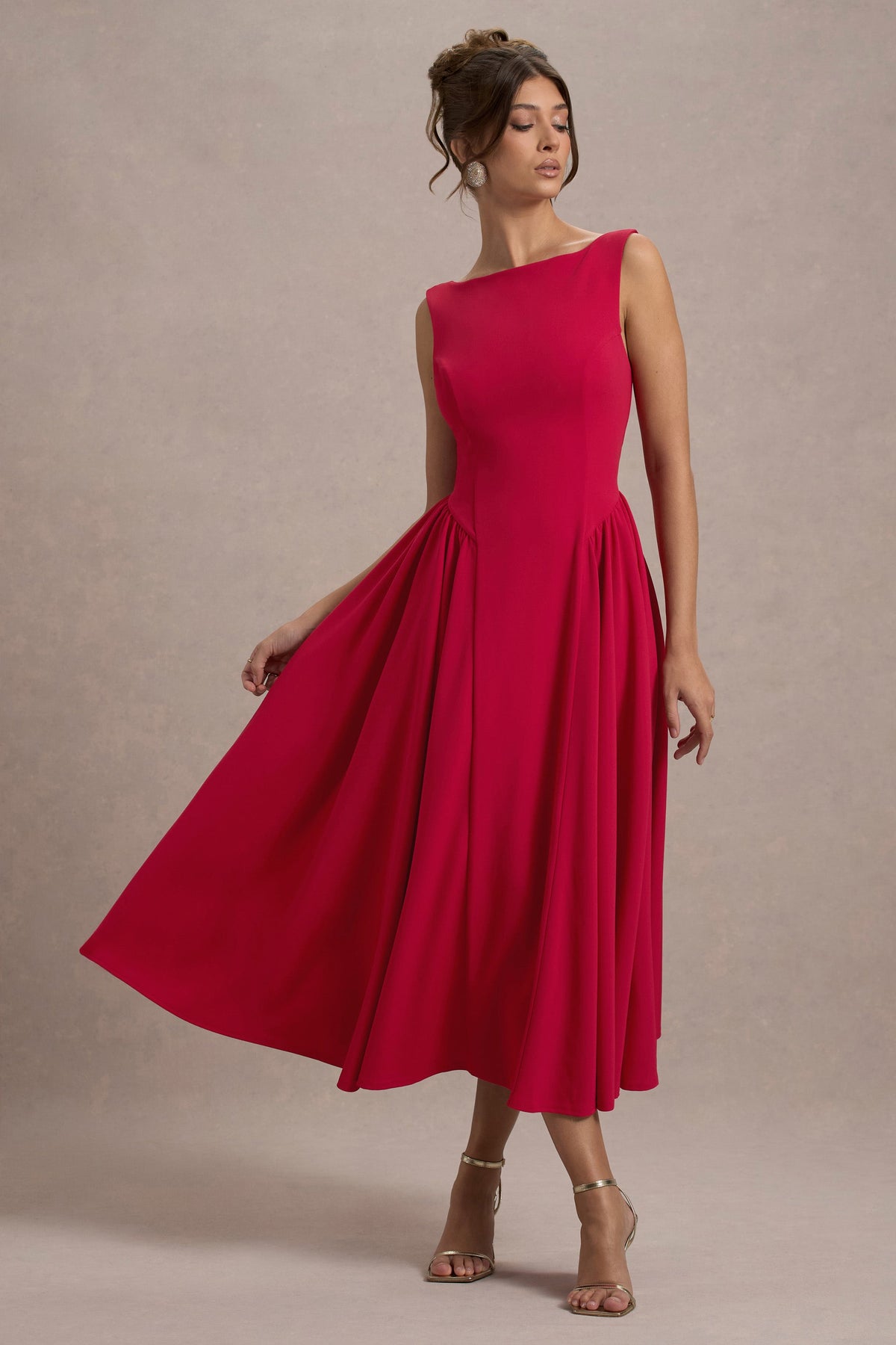 Muriel | Rotes Midikleid mit Boot-Ausschnitt und Volumensaum