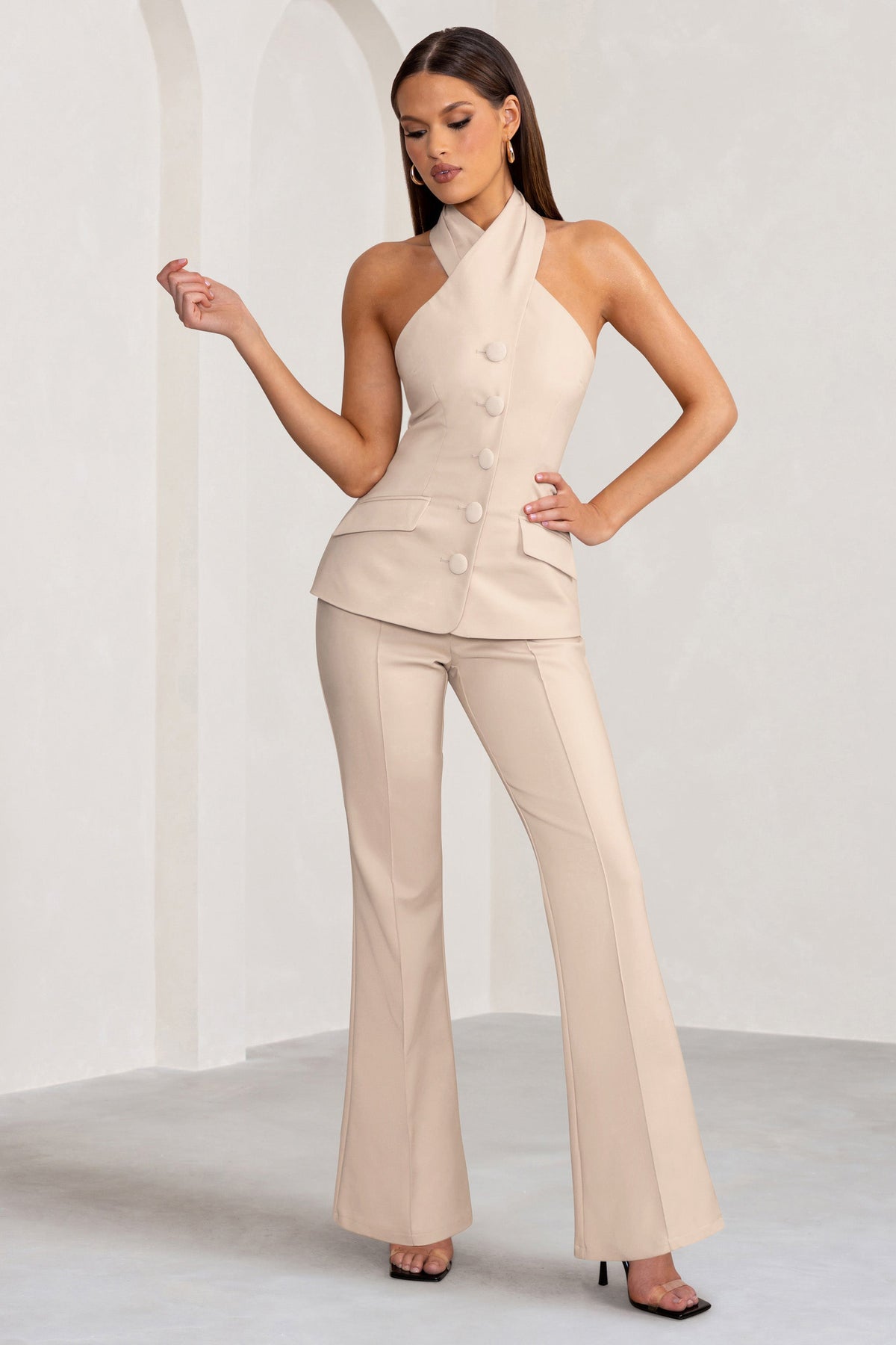 Kehlani | Stonefarbene High Waist Hose mit weitem Bein