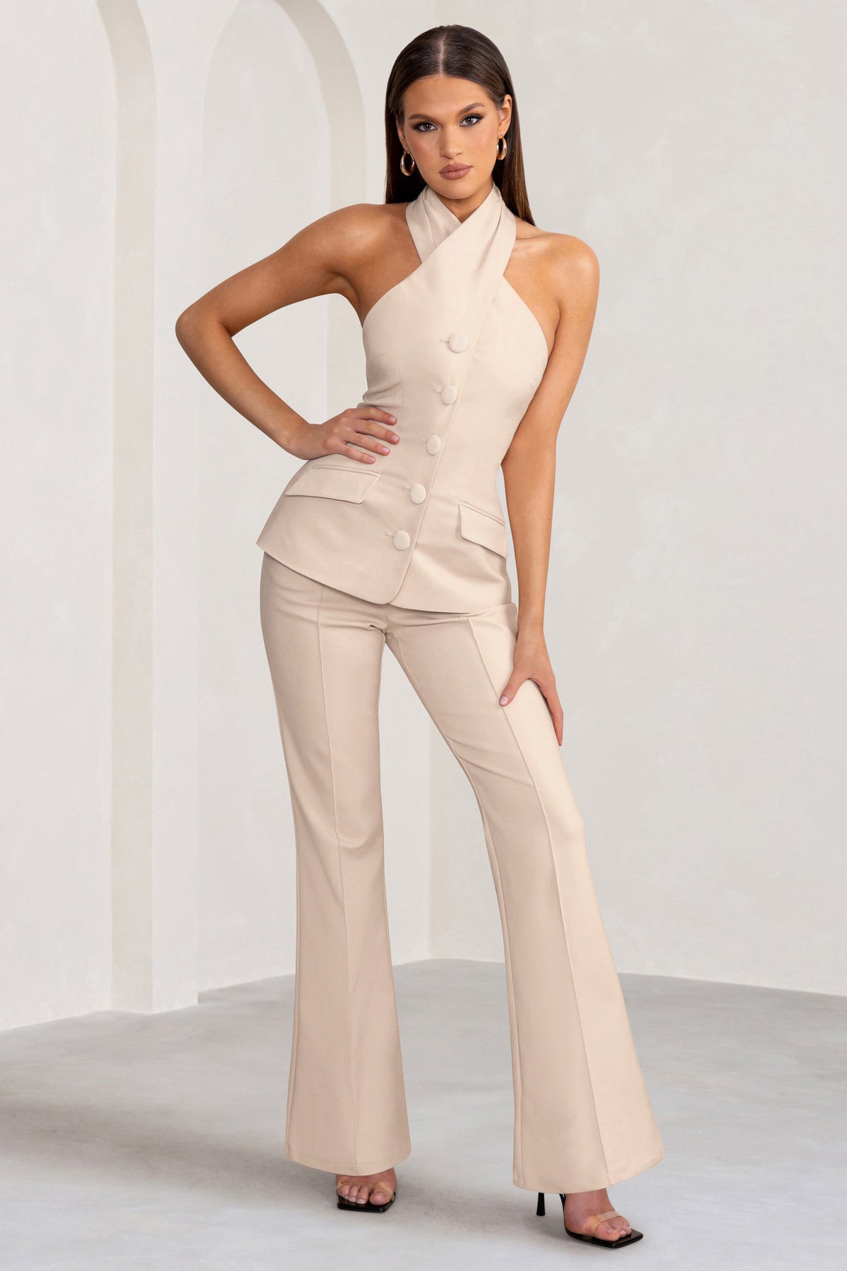 Kehlani | Stonefarbene High Waist Hose mit weitem Bein