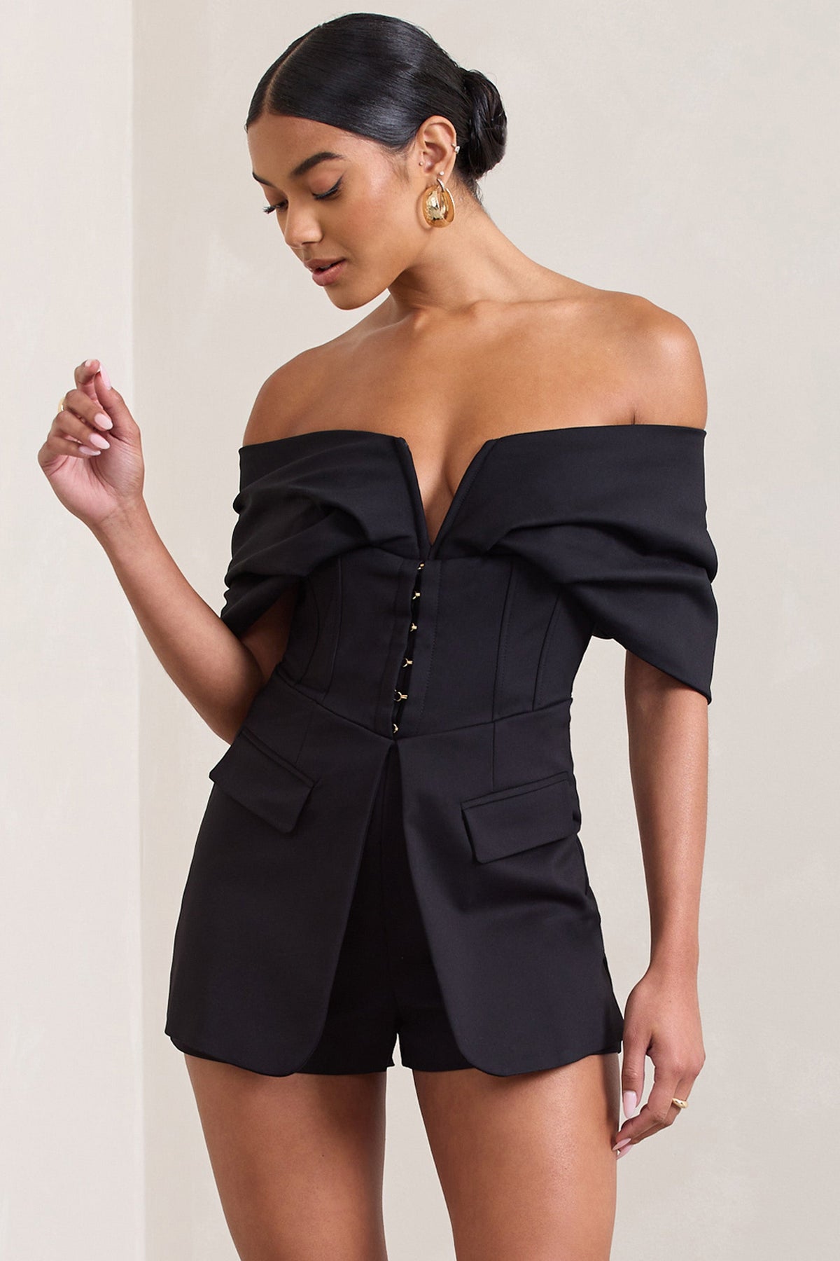 Damsel | Schwarzer Bardot-Playsuit mit Korsage aus Baumwollmix