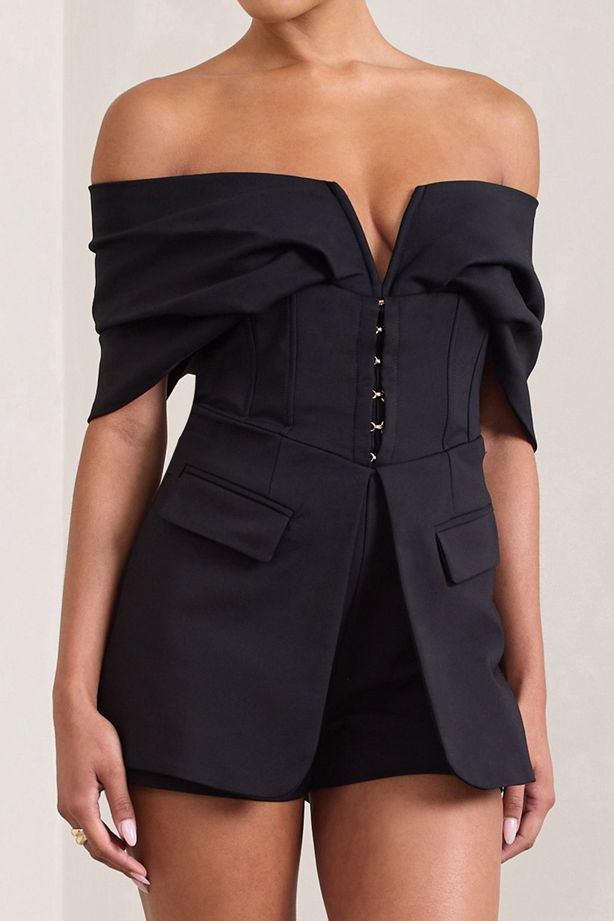 Damsel | Schwarzer Bardot-Playsuit mit Korsage aus Baumwollmix
