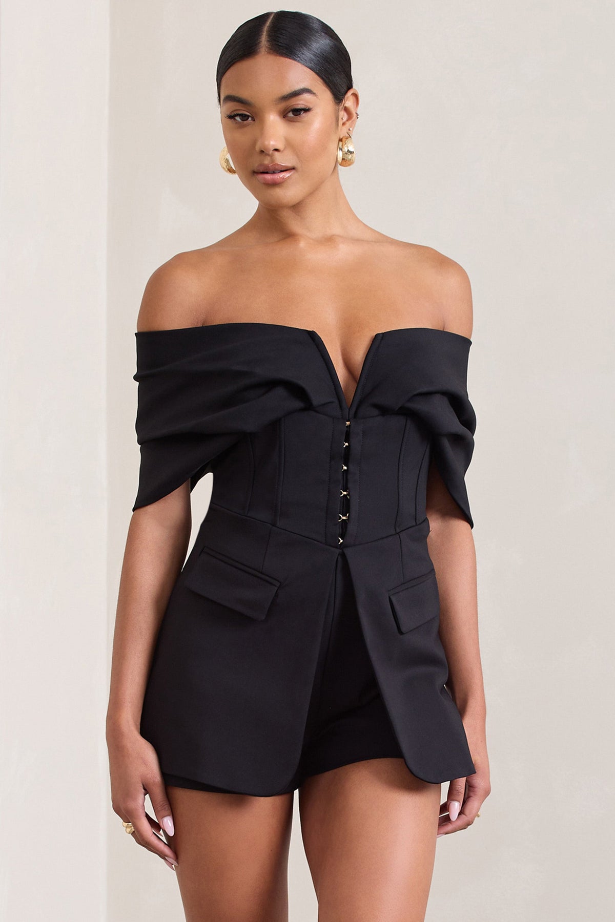 Damsel | Schwarzer Bardot-Playsuit mit Korsage aus Baumwollmix