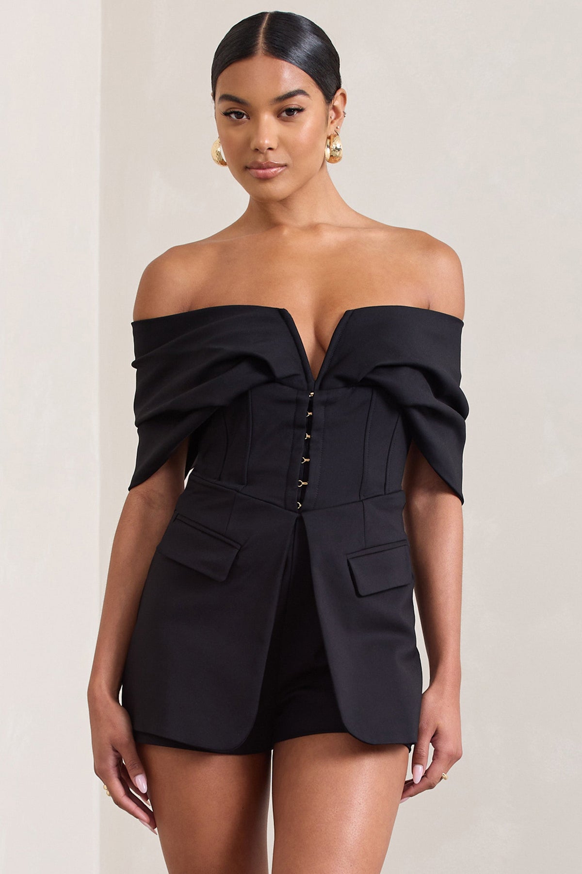 Damsel | Schwarzer Bardot-Playsuit mit Korsage aus Baumwollmix
