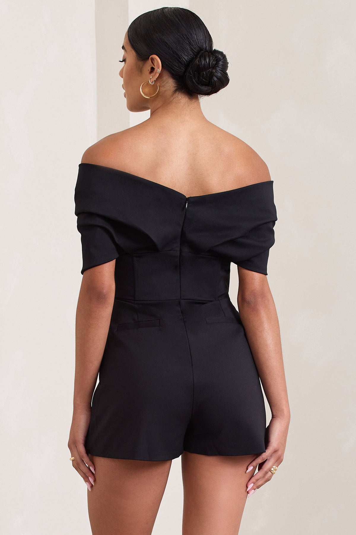 Damsel | Schwarzer Bardot-Playsuit mit Korsage aus Baumwollmix