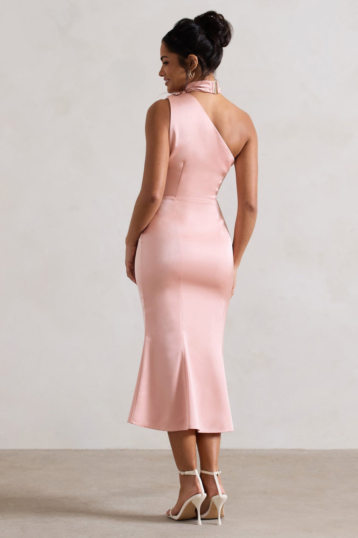 Golden Girl | Blassrosa Satin-One-Shoulder High-Neck Ausgestelltes Midikleid