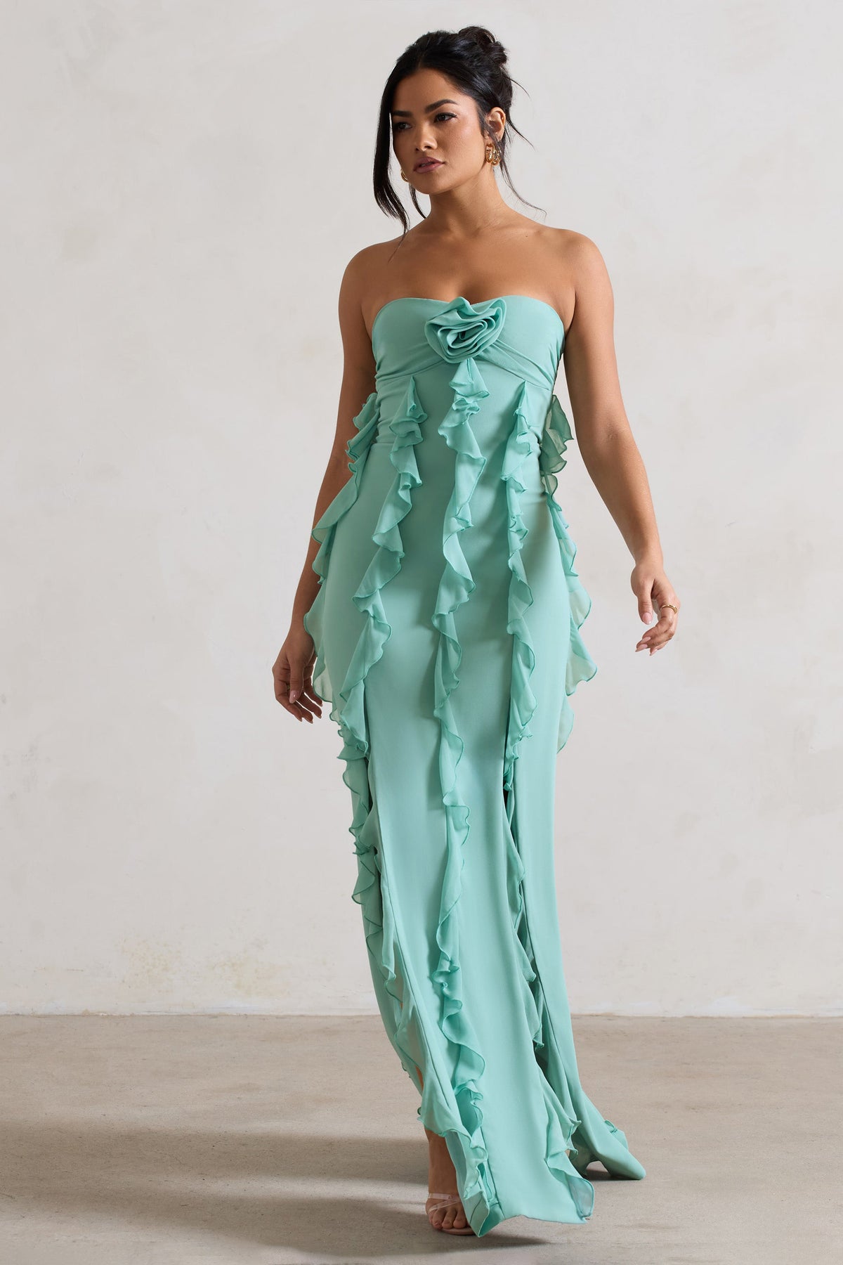 Gardenia | Minzgrünes trägerloses Rüschen-Maxikleid mit Korsage