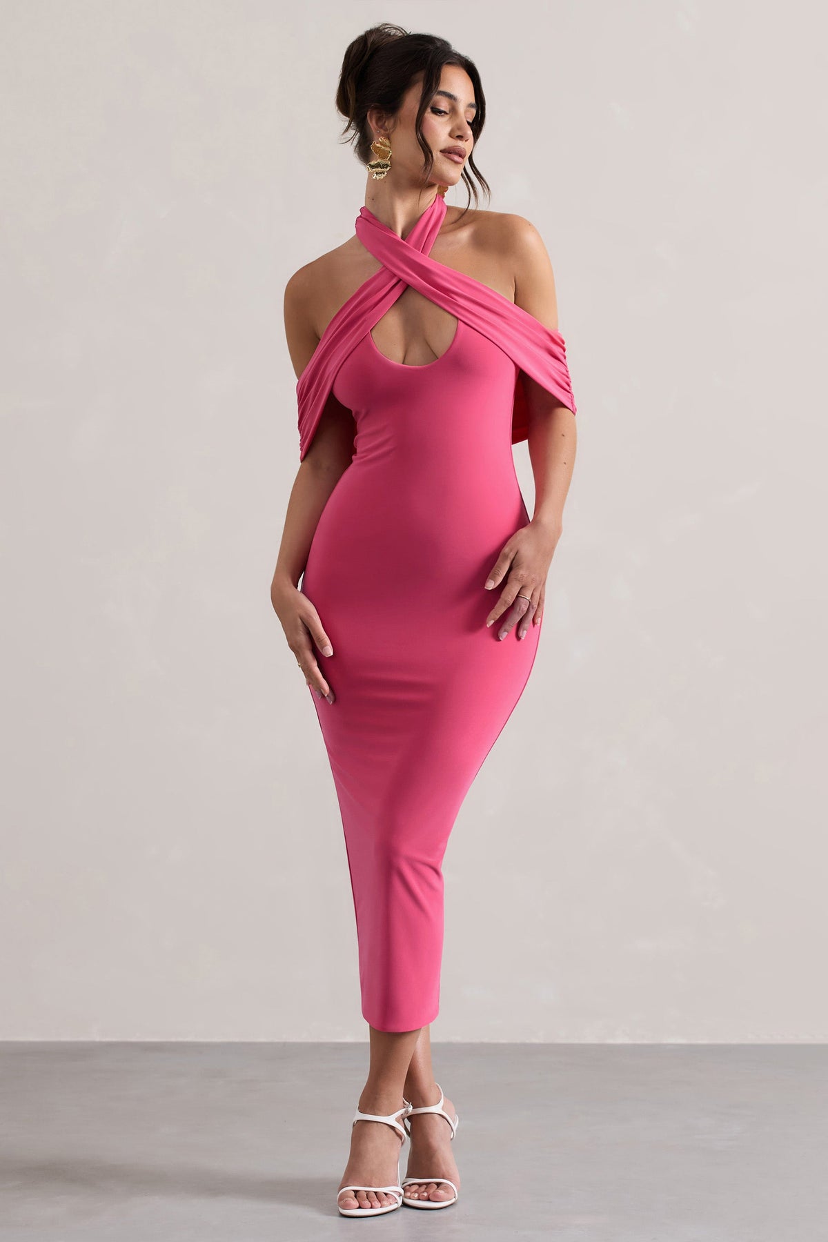 Connect | Rosa Bodycon-Midikleid mit Halterkragen und Cut-Outs
