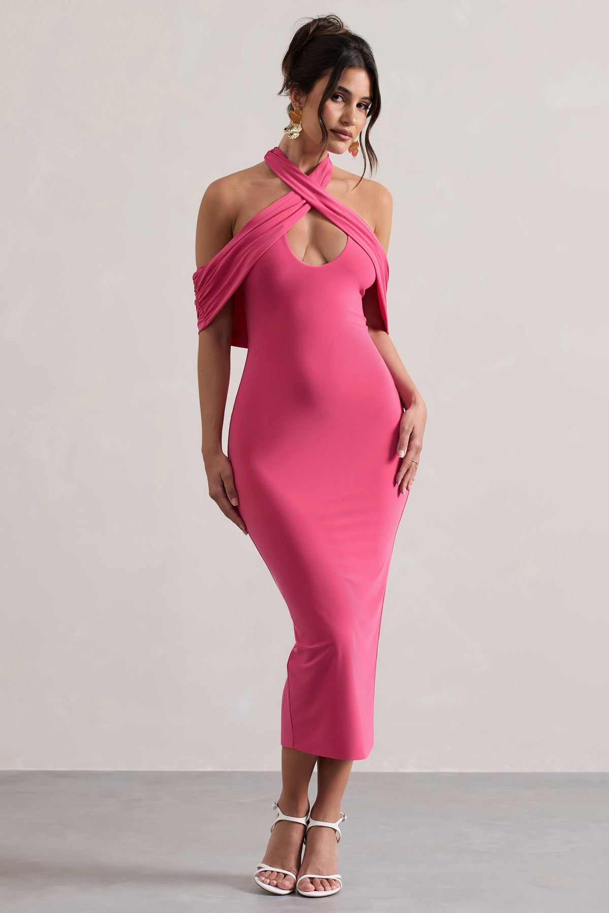 Connect | Rosa Bodycon-Midikleid mit Halterkragen und Cut-Outs