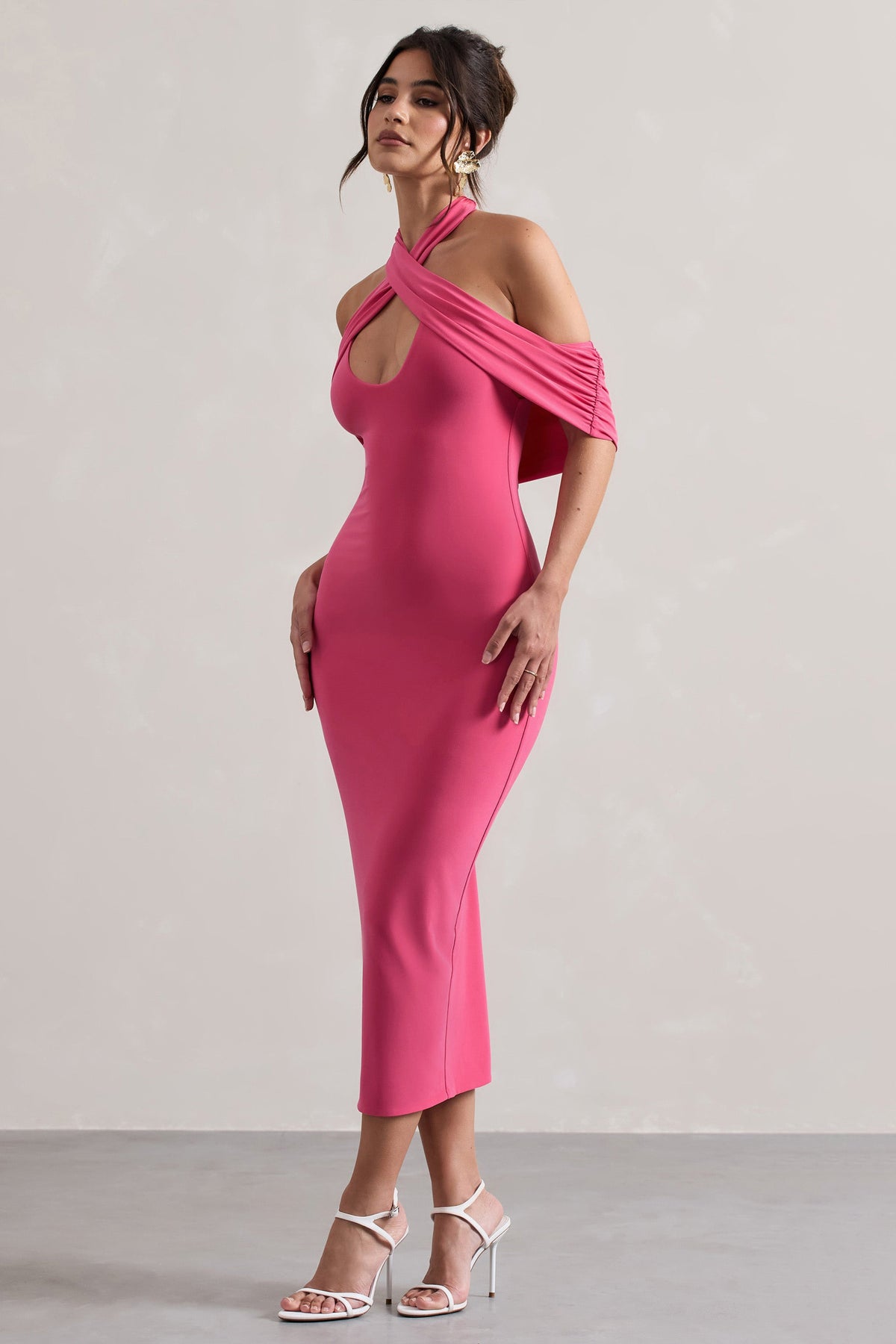 Connect | Rosa Bodycon-Midikleid mit Halterkragen und Cut-Outs