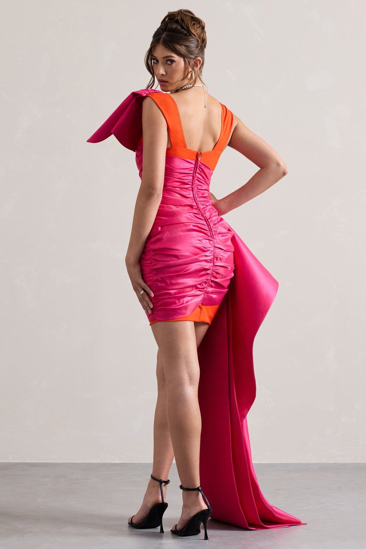Rare | Rosa & Orange Satin Wickel-Minikleid mit Peplum-Drapierung