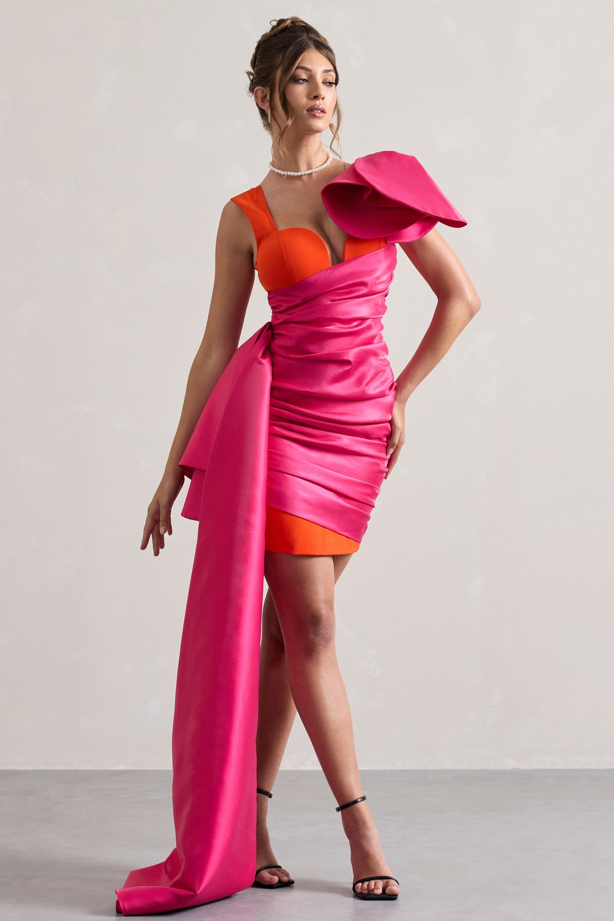 Rare | Rosa & Orange Satin Wickel-Minikleid mit Peplum-Drapierung