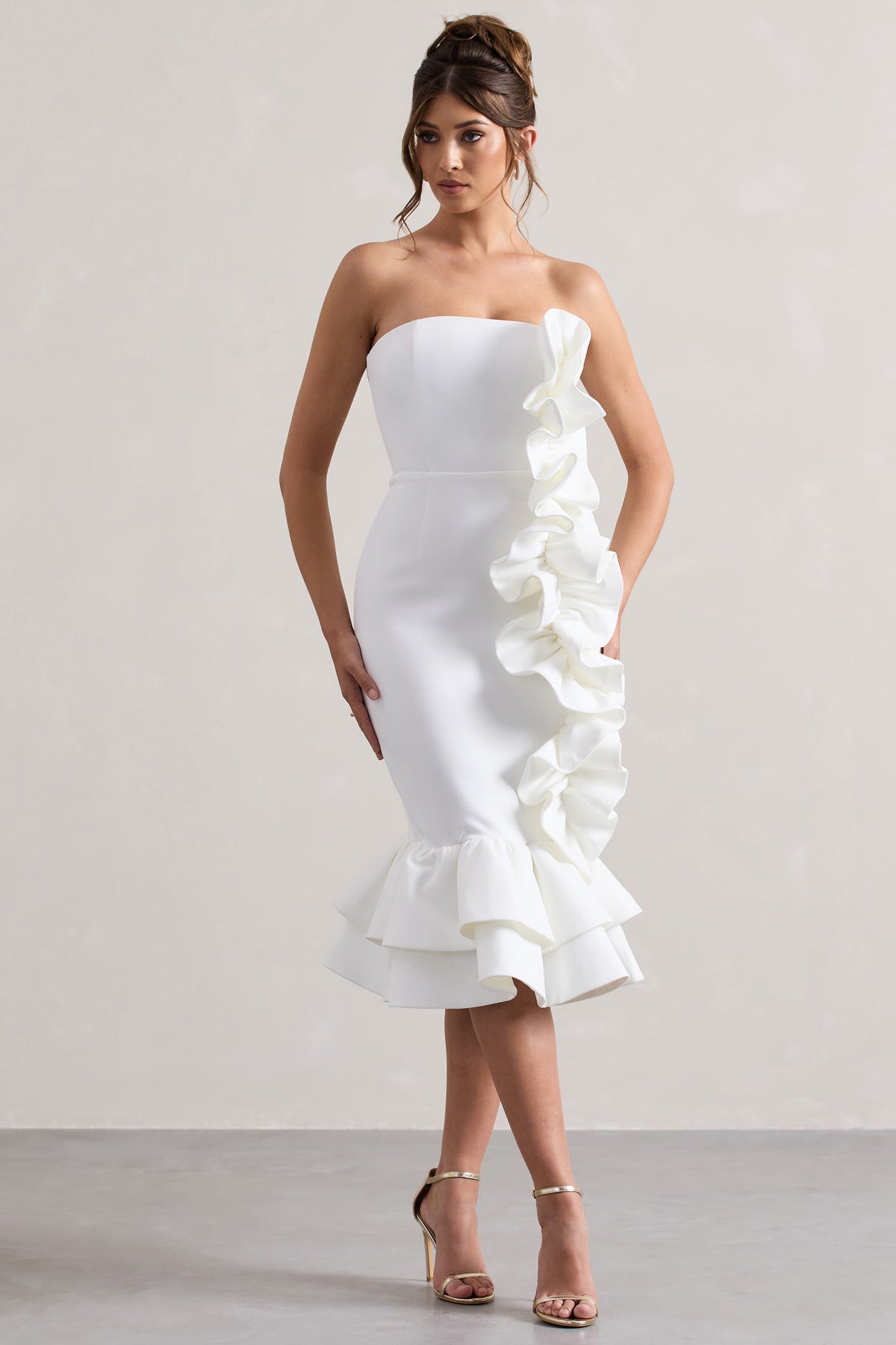 Concept | Cremefarbenes Bandeau-Midikleid mit Rüschen