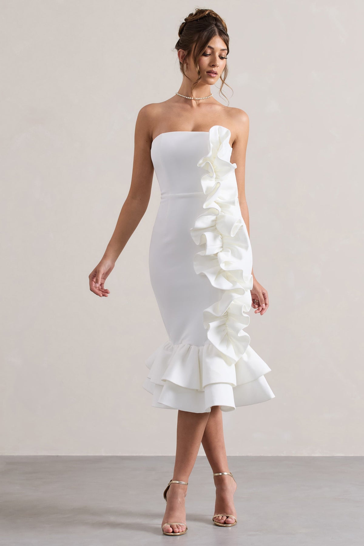 Concept | Cremefarbenes Bandeau-Midikleid mit Rüschen