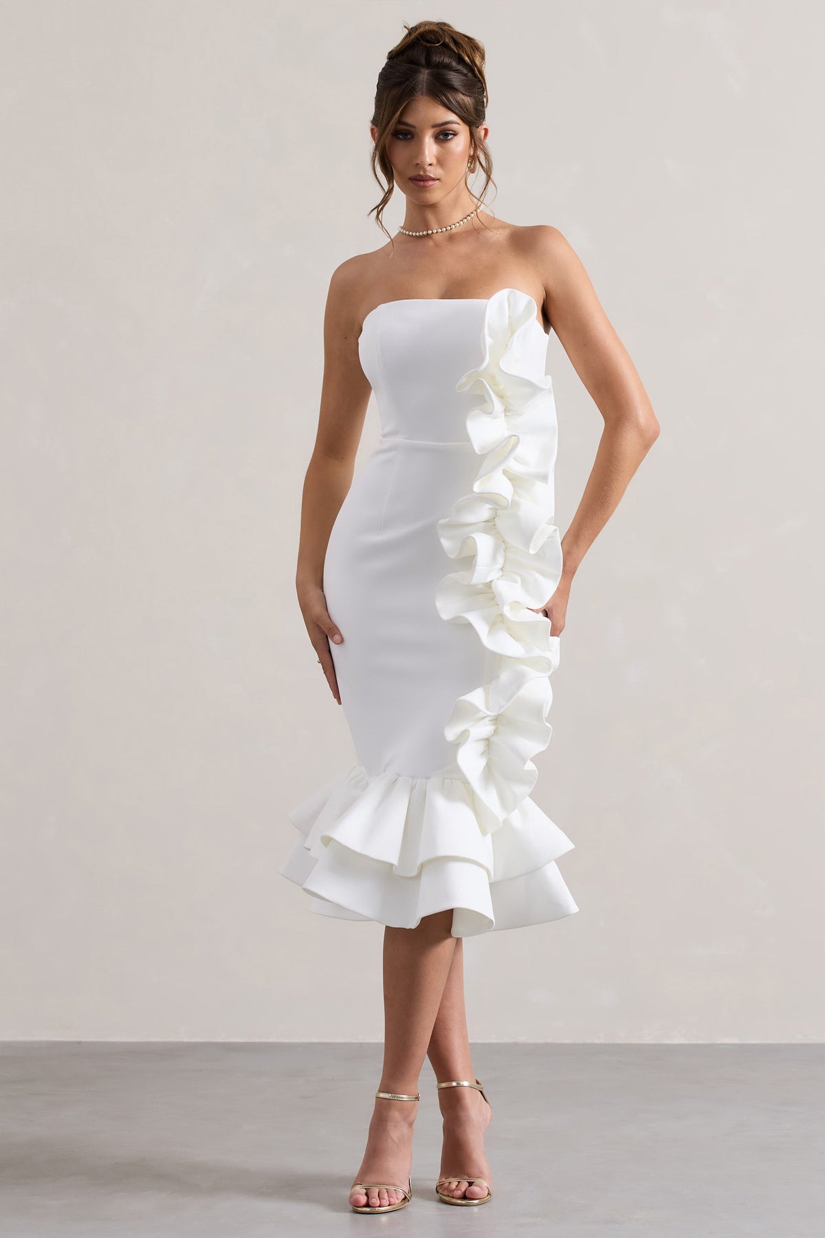 Concept | Cremefarbenes Bandeau-Midikleid mit Rüschen