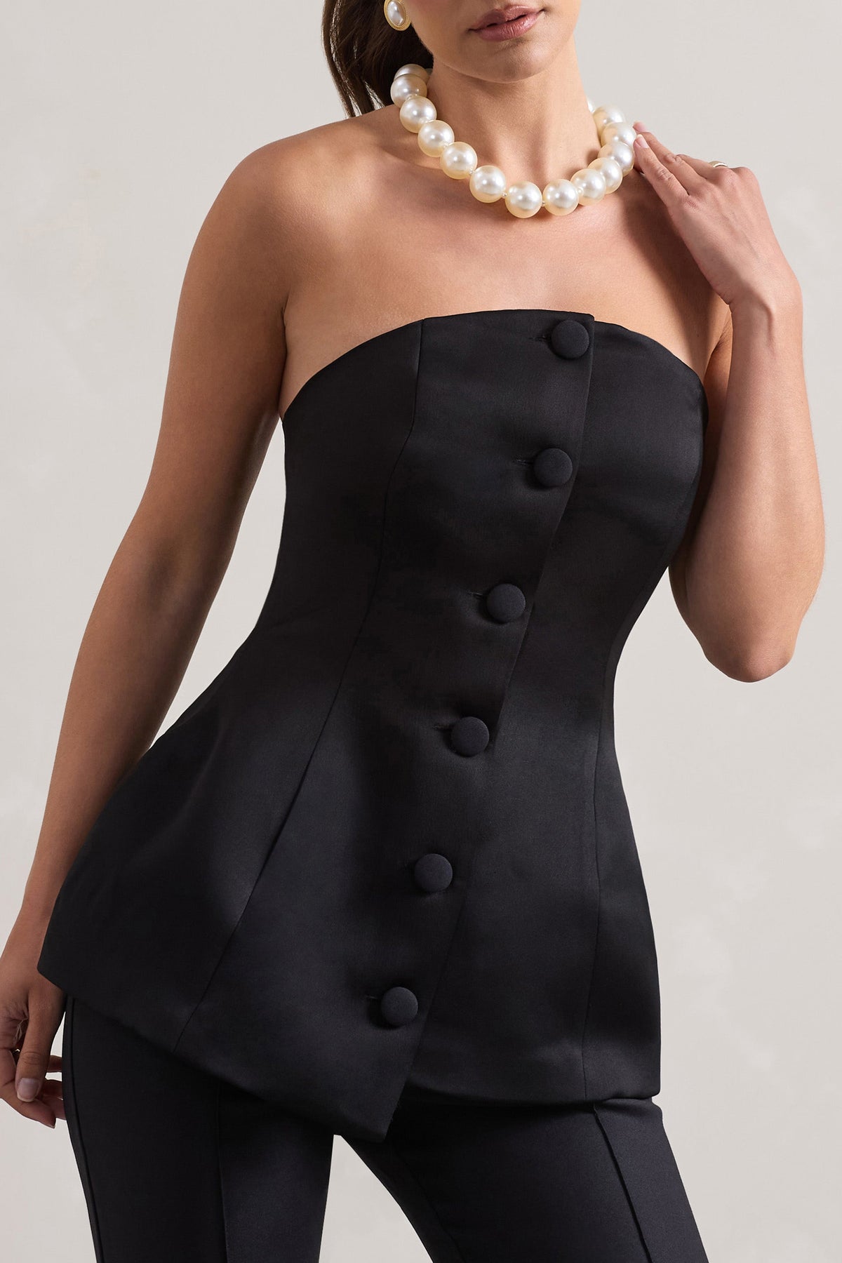 Century | Schwarzes Satin-Korsett-Top ohne Träger mit Knopfleiste vorne