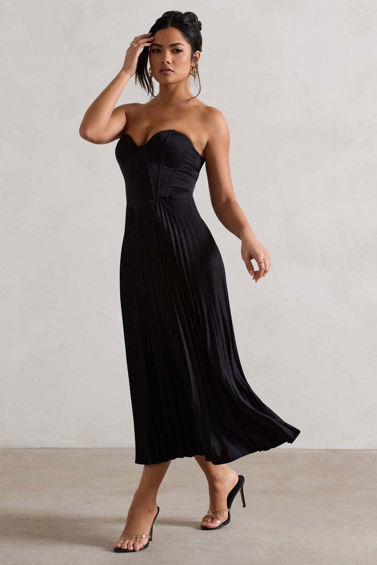 Bordeaux | Schwarzes Satinkleid im Korsett-Stil, Midi-Länge