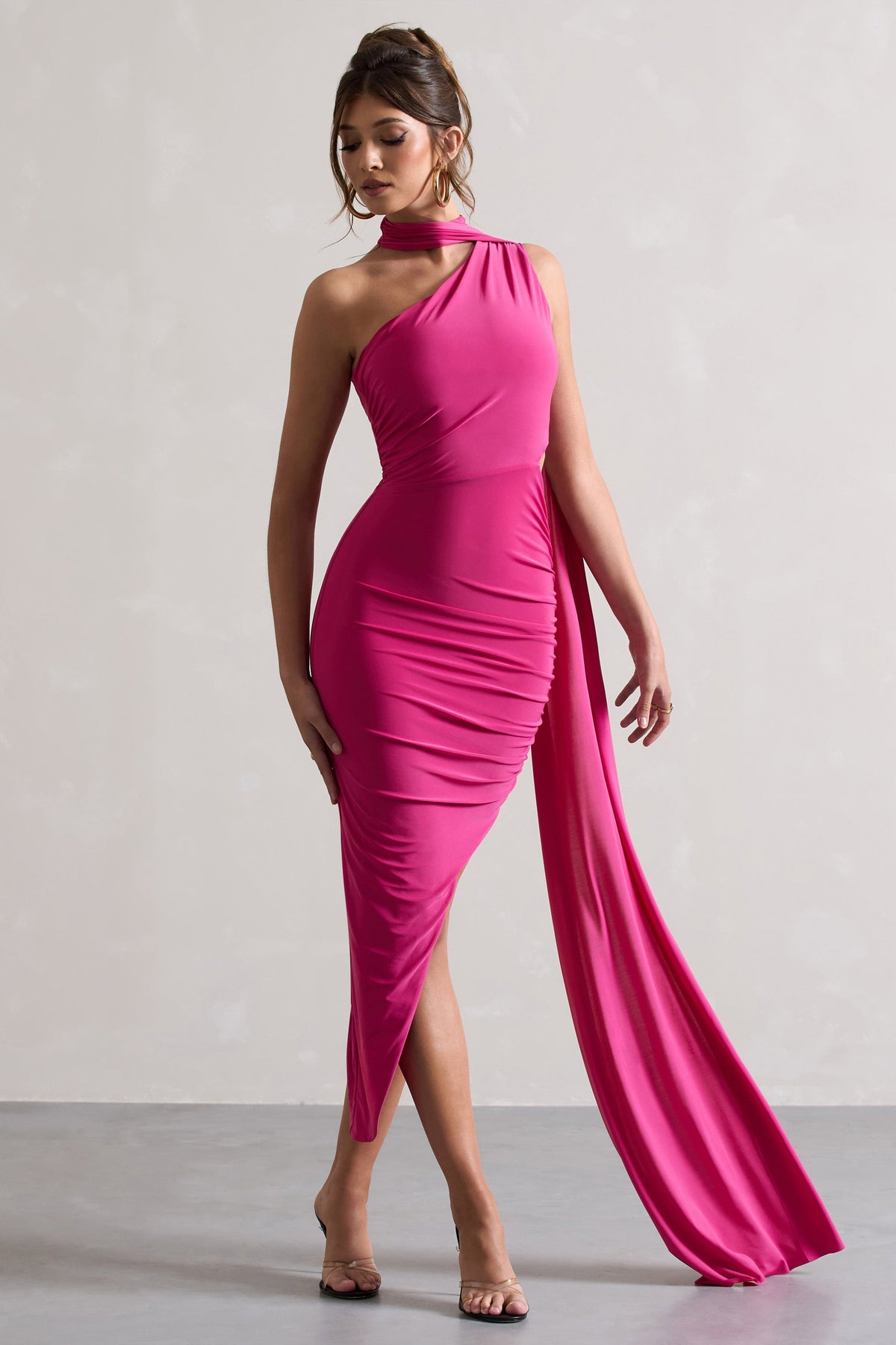 Icon | Dunkelrosa One-Shoulder-Cut-Out-Maxikleid mit Schal