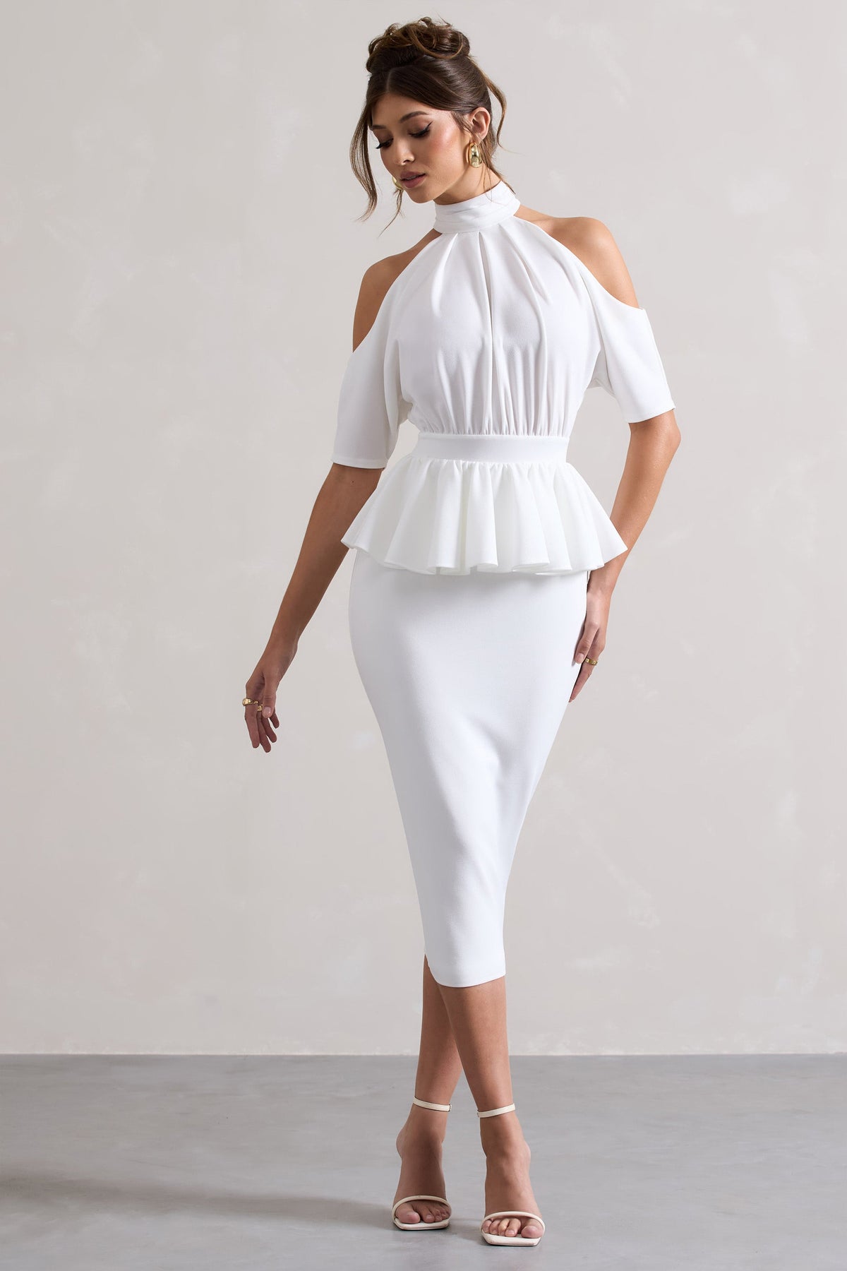 Yves | Weißes Midikleid mit hohem Ausschnitt, Cut-Outs und Peplum-Taille