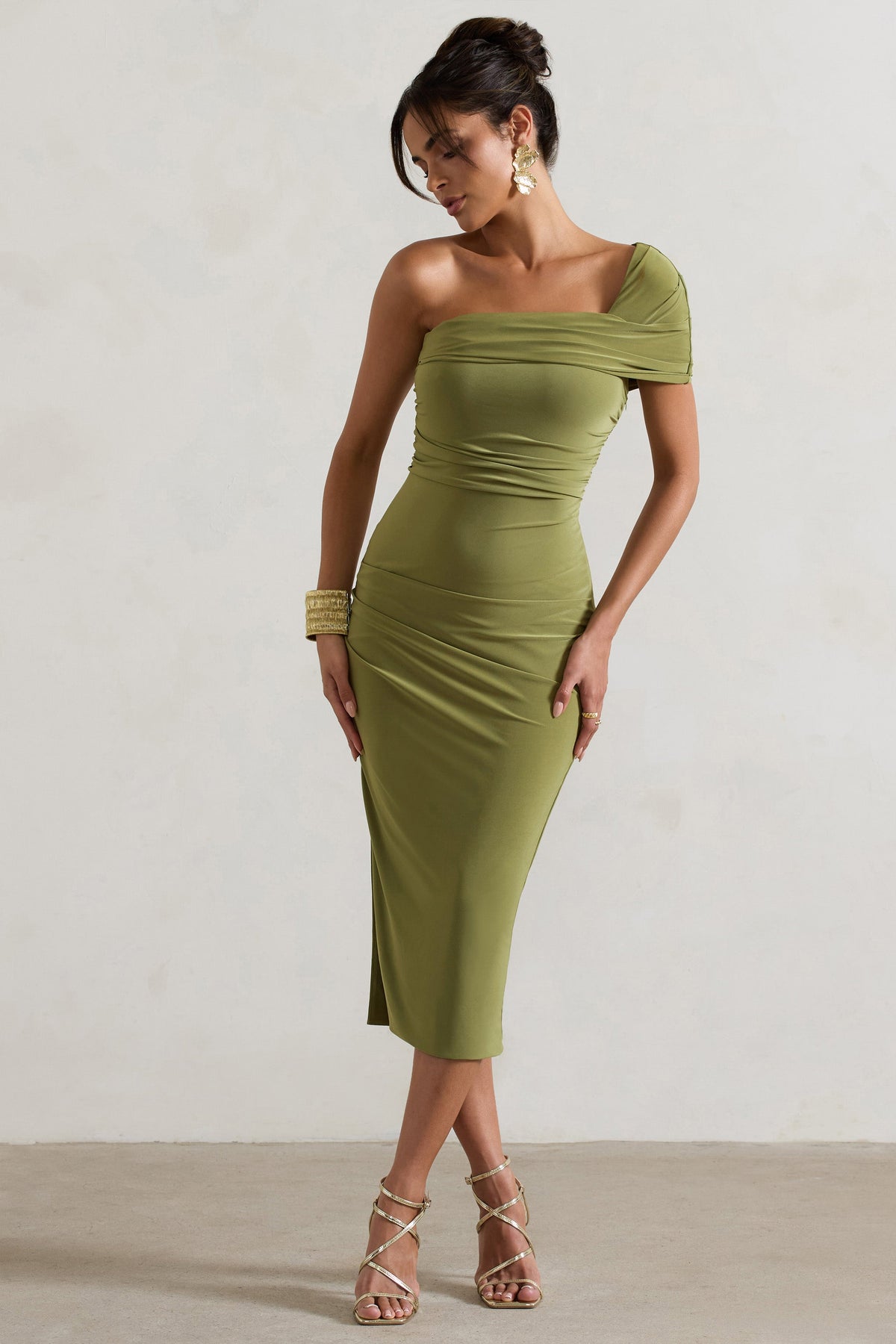 Hawaii | Olivgrünes asymmetrisches Ein-schulter-Midikleid mit Schlitz