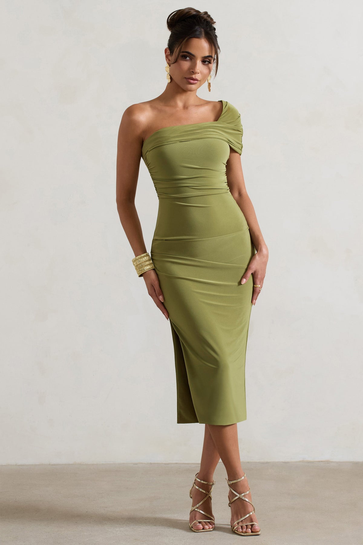 Hawaii | Olivgrünes asymmetrisches Ein-schulter-Midikleid mit Schlitz