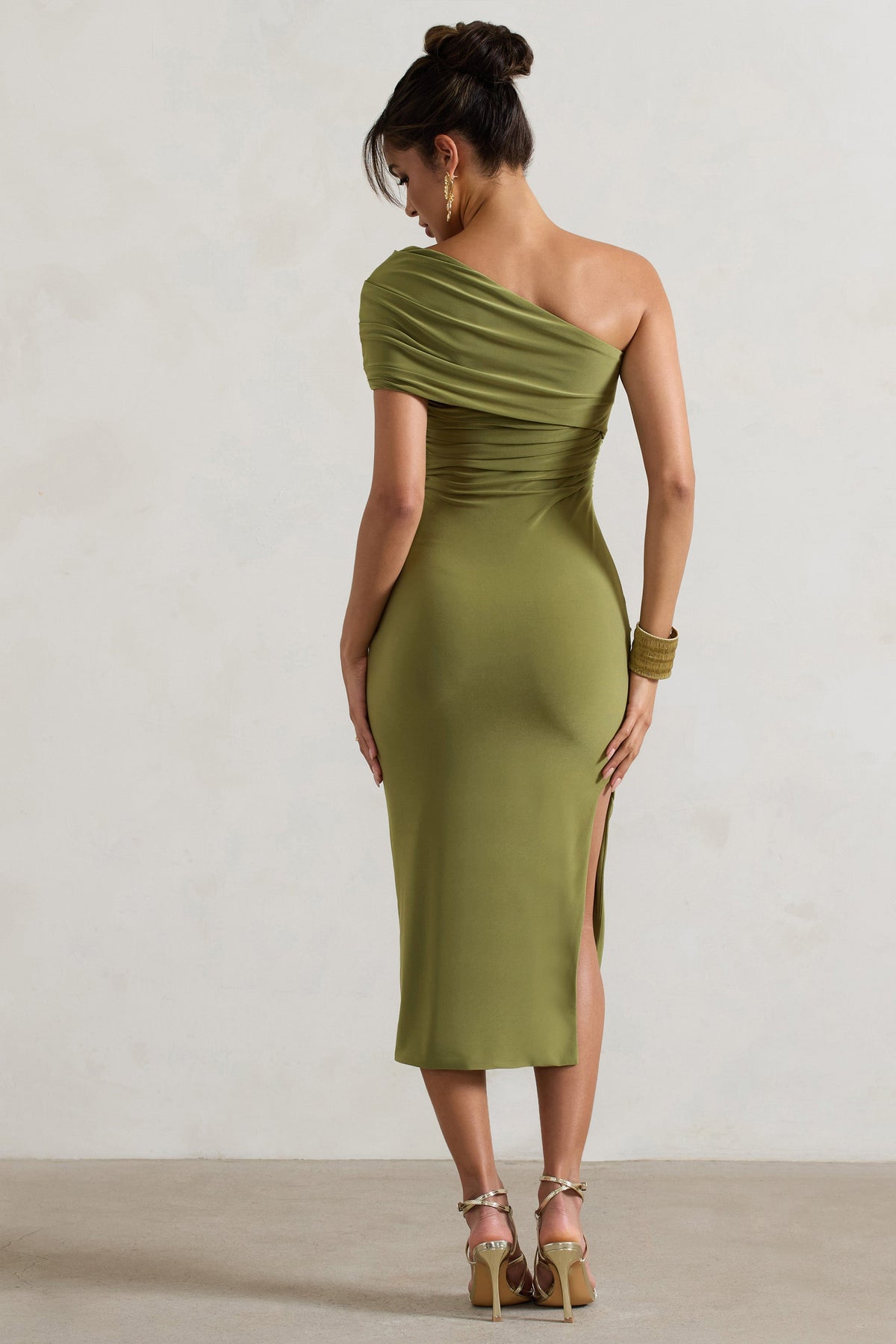Hawaii | Olivgrünes asymmetrisches Ein-schulter-Midikleid mit Schlitz