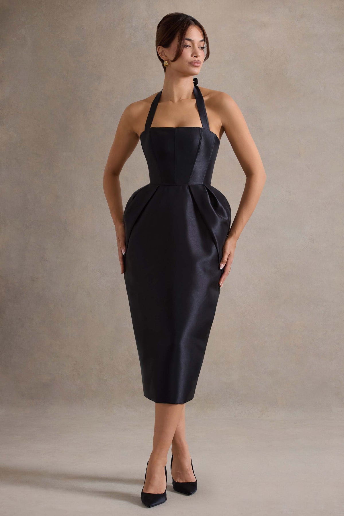 Cosetta | Schwarzes Midikleid mit Halterneck und Tulpenrock