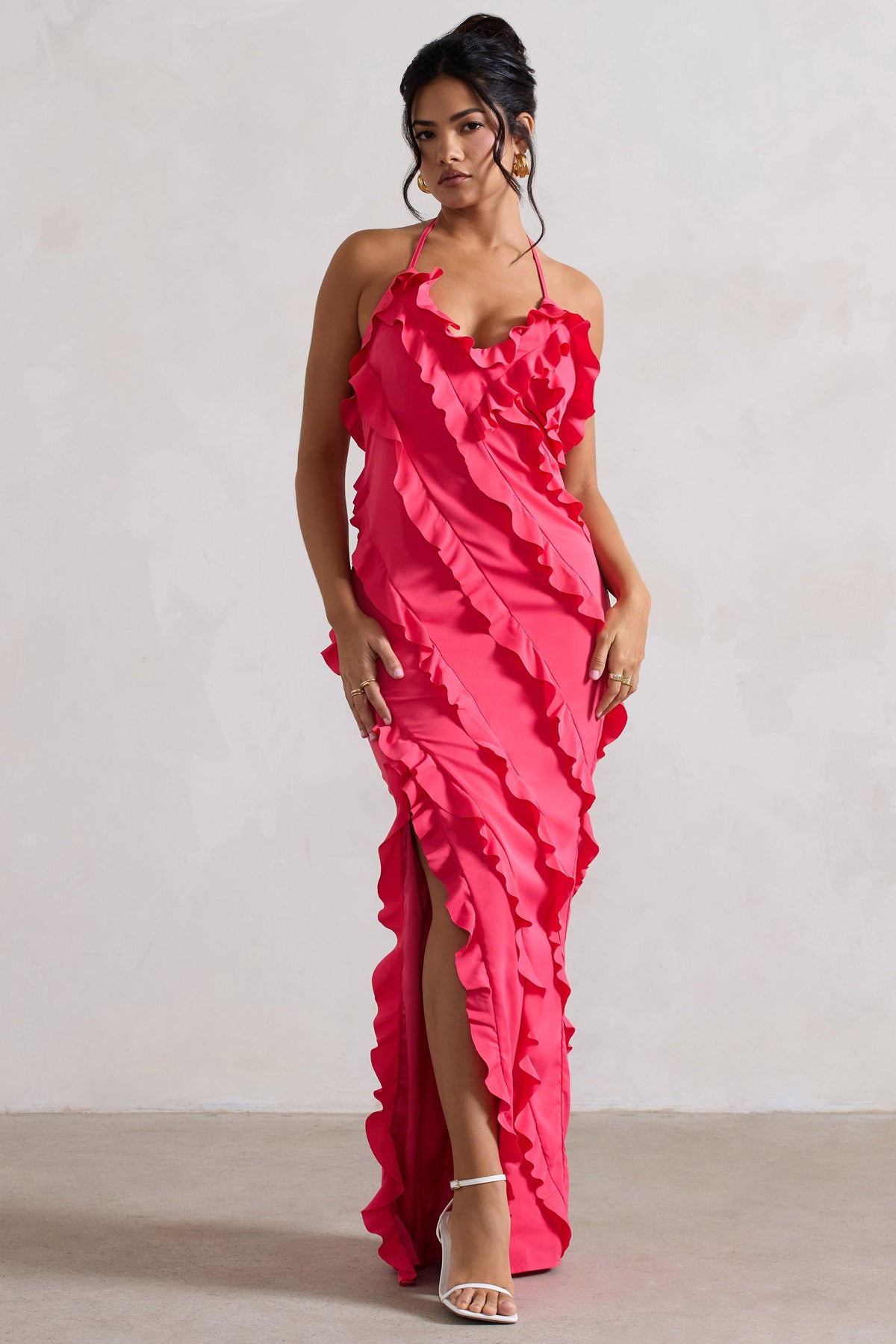 Full On | Hot-pinkfarbenes Maxikleid mit V-Ausschnitt und Rüschen