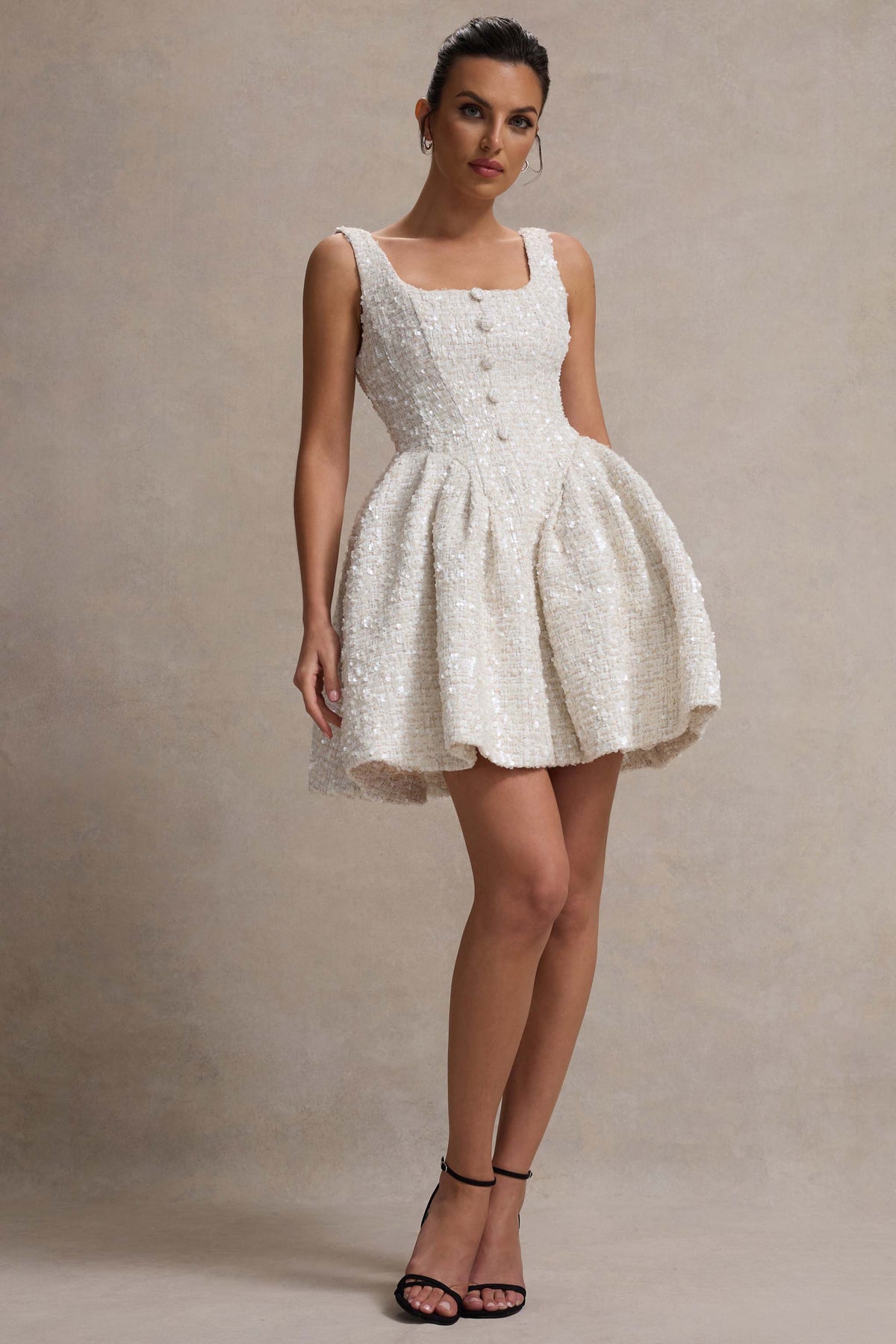 Sugar Plum | Creamfarbiges Bouclé-Minikleid mit quadratischem Ausschnitt